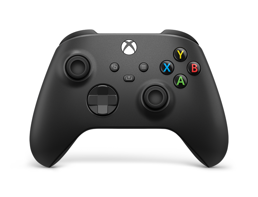 Un mando de Xbox negro con botones de colores. Los botones son verdes, azules, rojos y amarillos. El fondo es negro.
