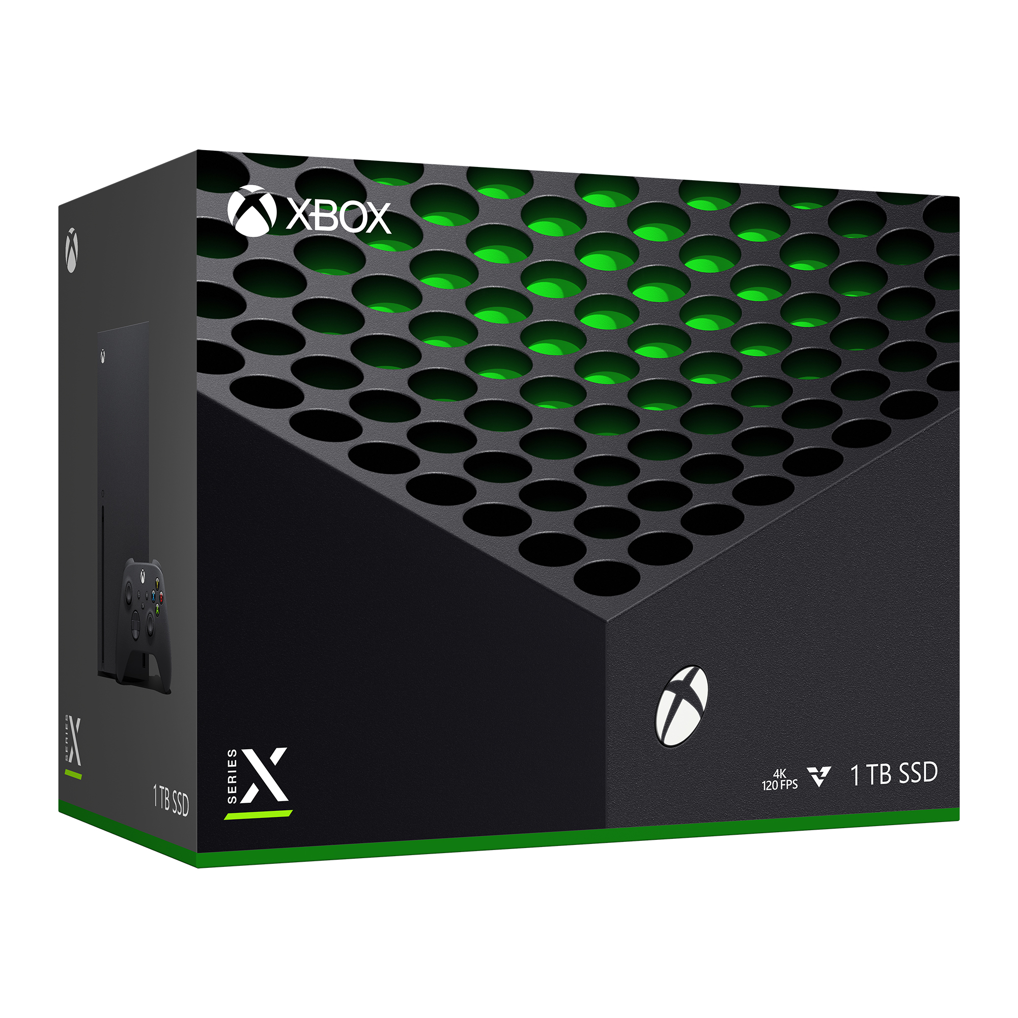 Una caja de Xbox Series X con una imagen de la consola a la izquierda y un interior verde con el logo de Xbox.