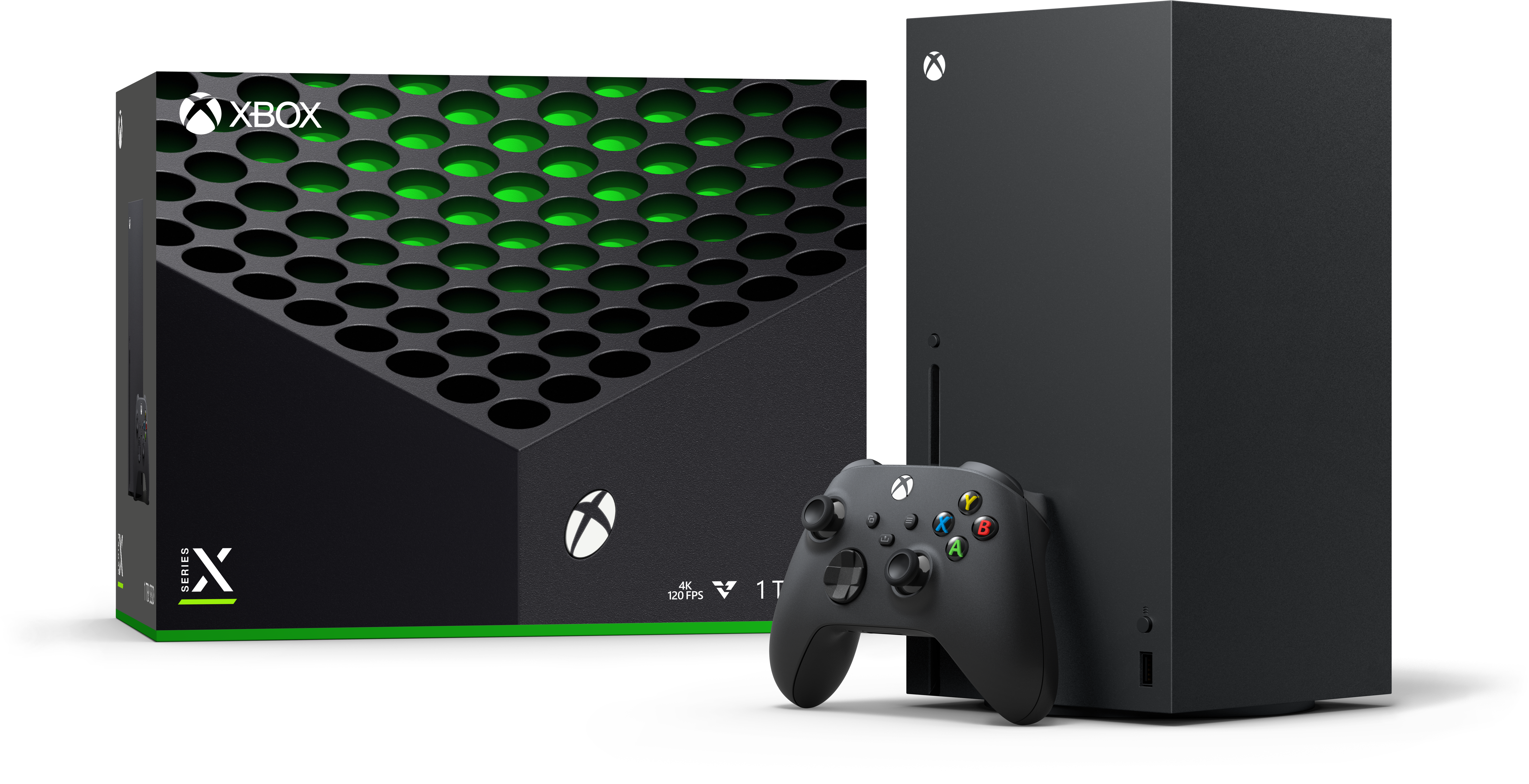 Una consola Xbox Series X con su caja y un mando se muestra sobre un fondo blanco.