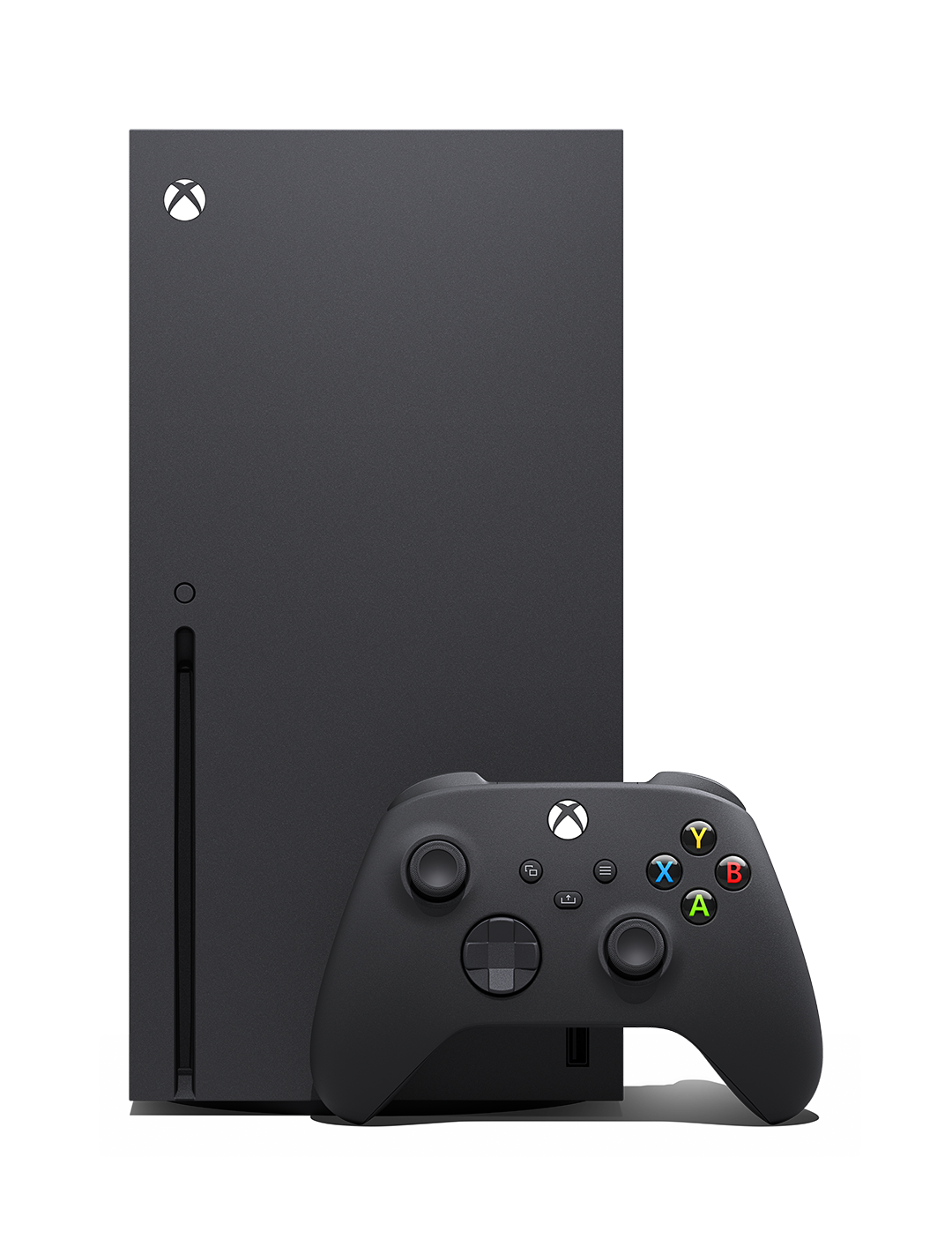 Consola y mando negros Xbox Series X. Consola vertical, mando delante.