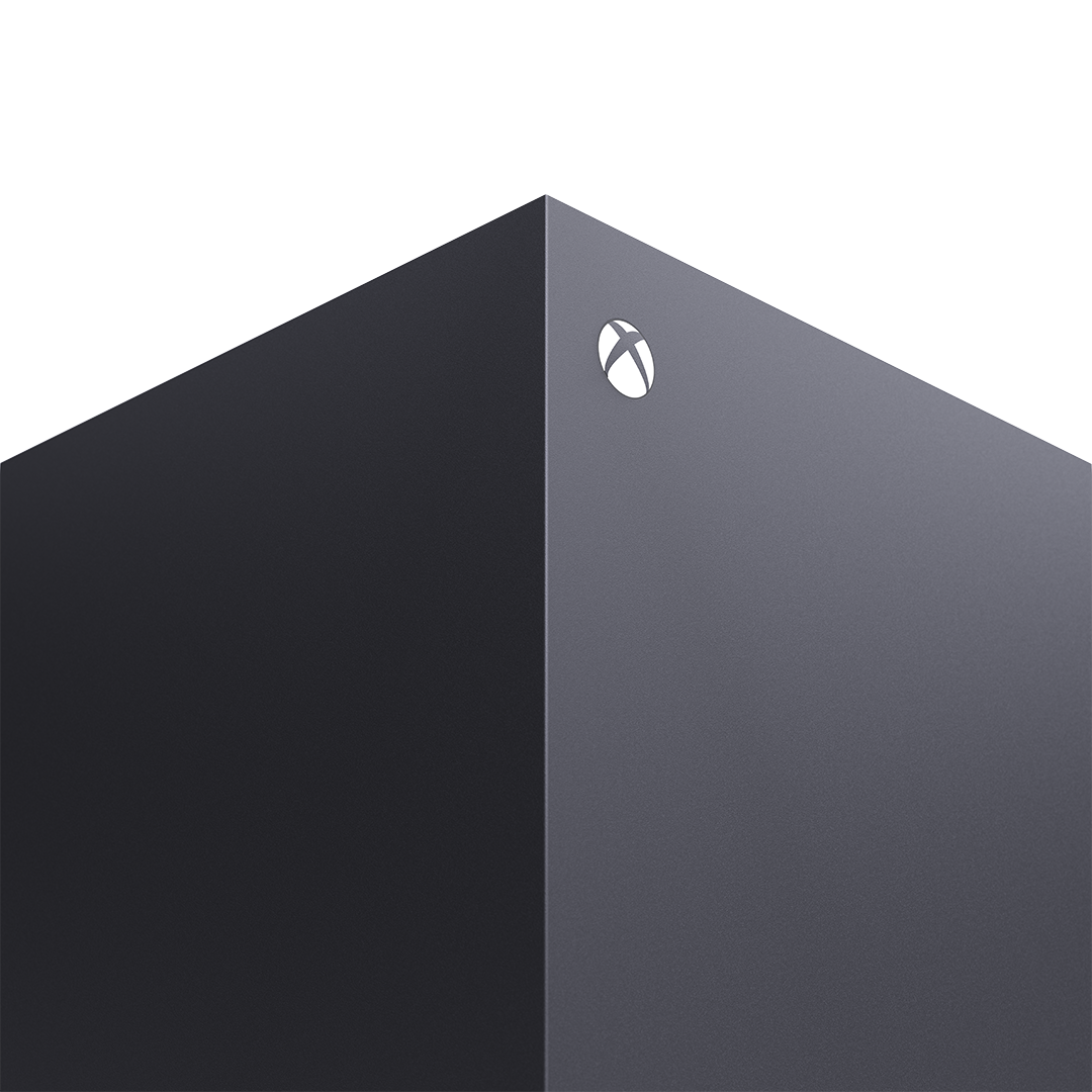 Vista de esquina de la consola Xbox Series X. Gris oscuro con logo Xbox.