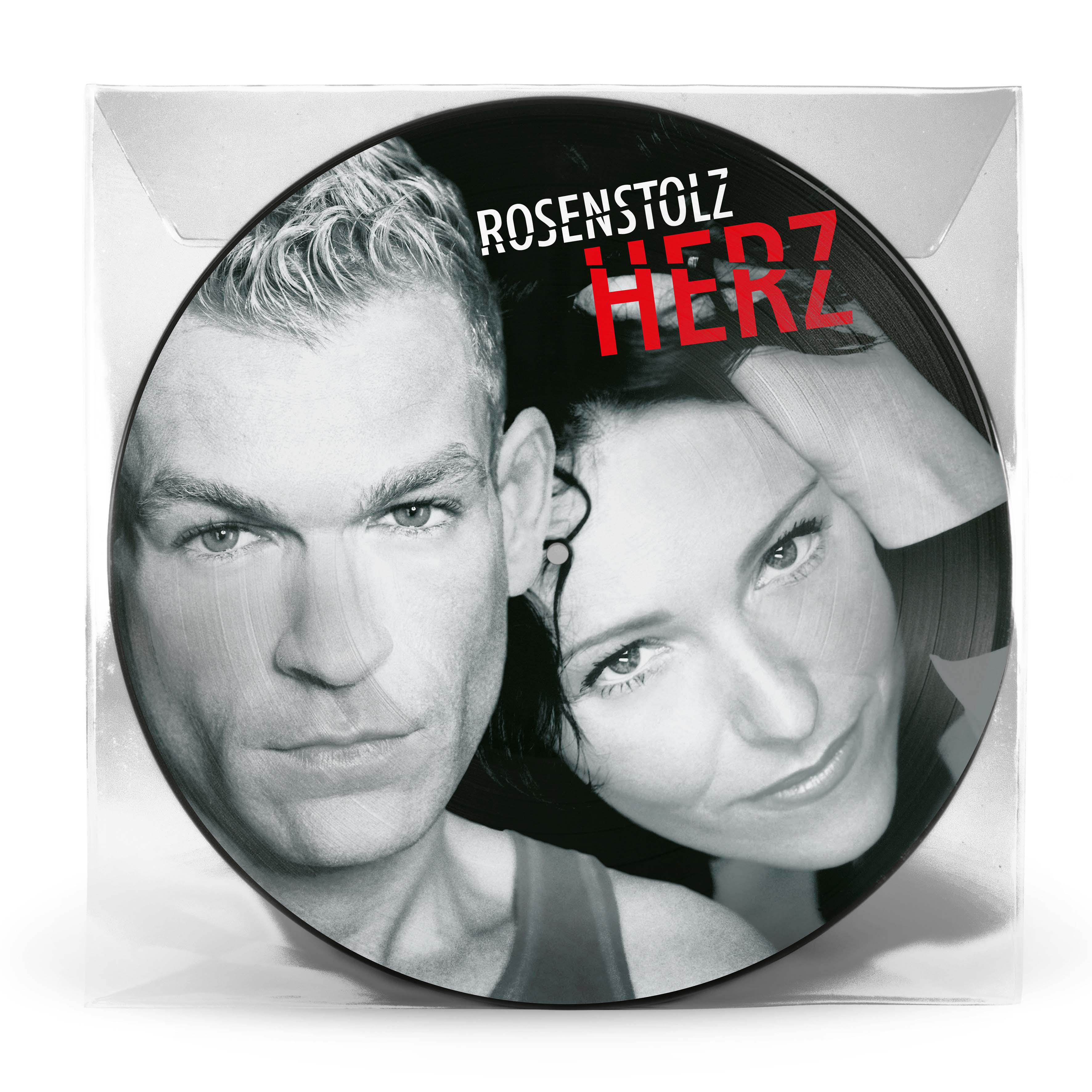 Vinyl-Schallplattencover: Ein Mann und eine Frau blicken sich an, in Schwarzweiß. Titel: Rosenstolz Herz.