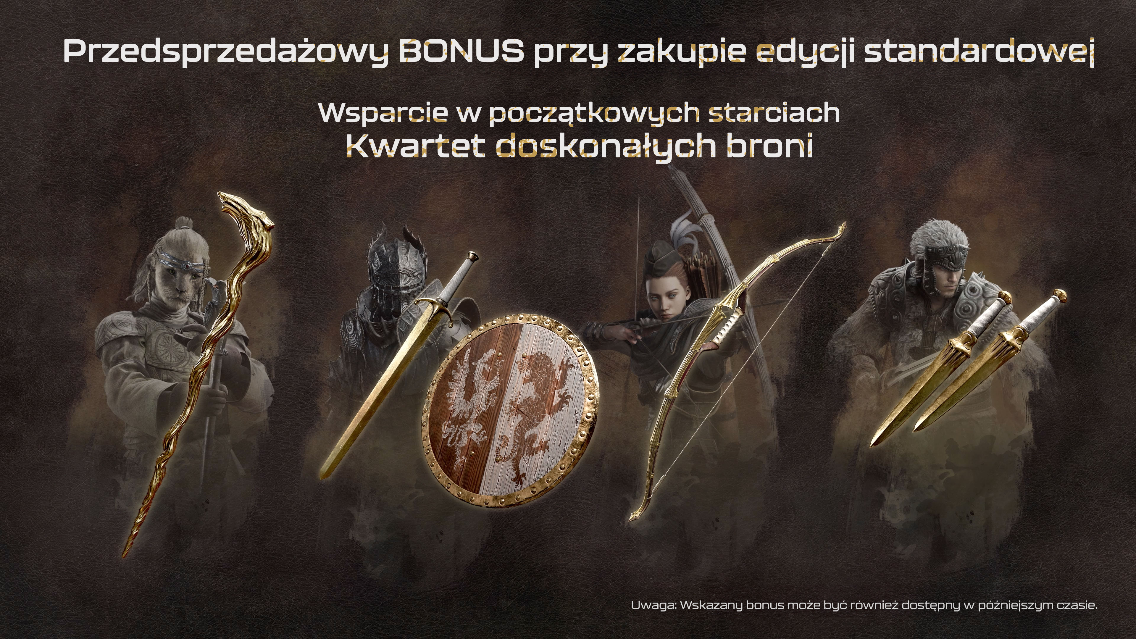 Obraz promocyjny gry z ilustracjami broni i tekstem. Broń ma złote akcenty.