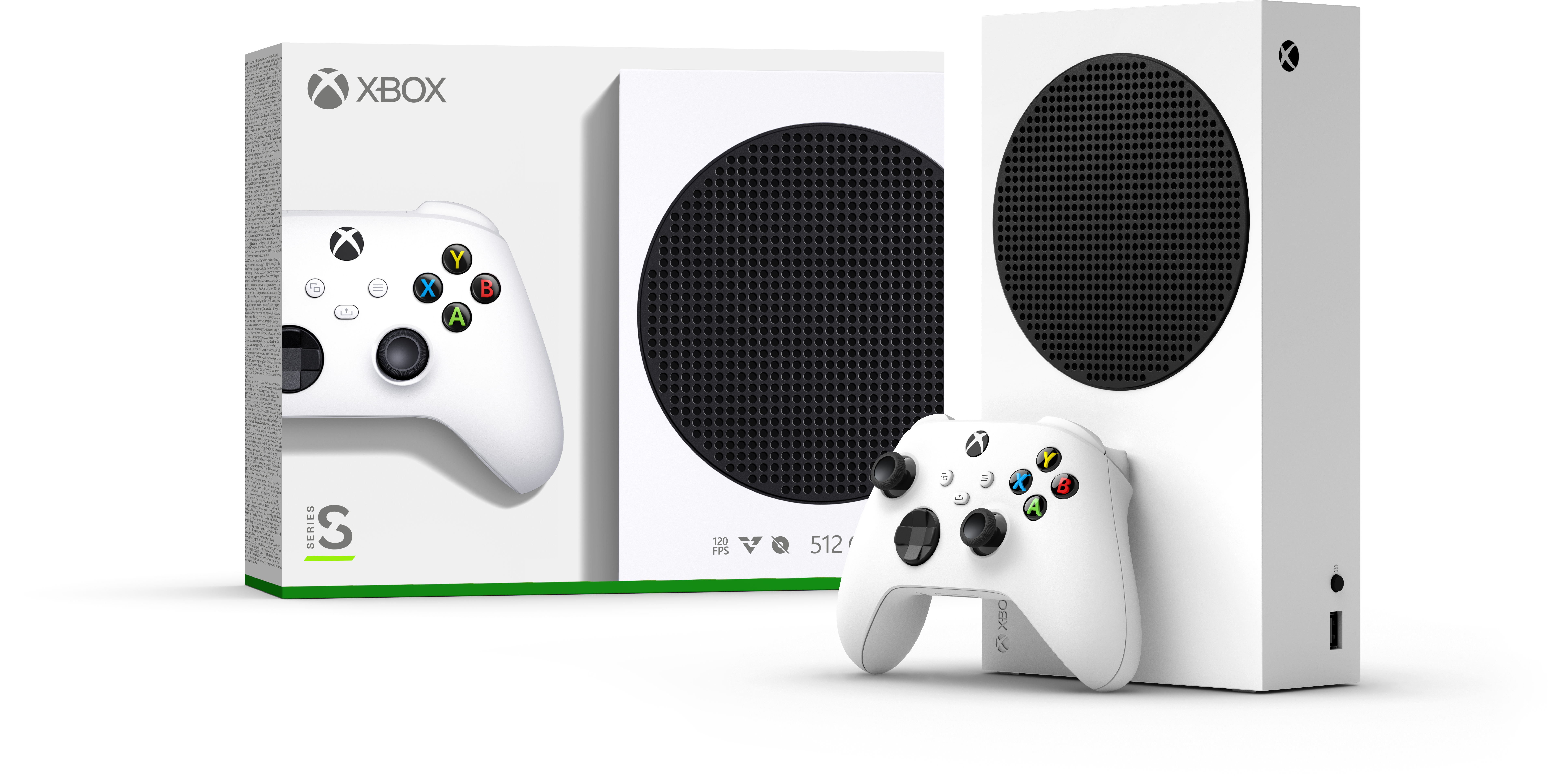 Consola Xbox Series S blanca con mando y caja. Fondo blanco.