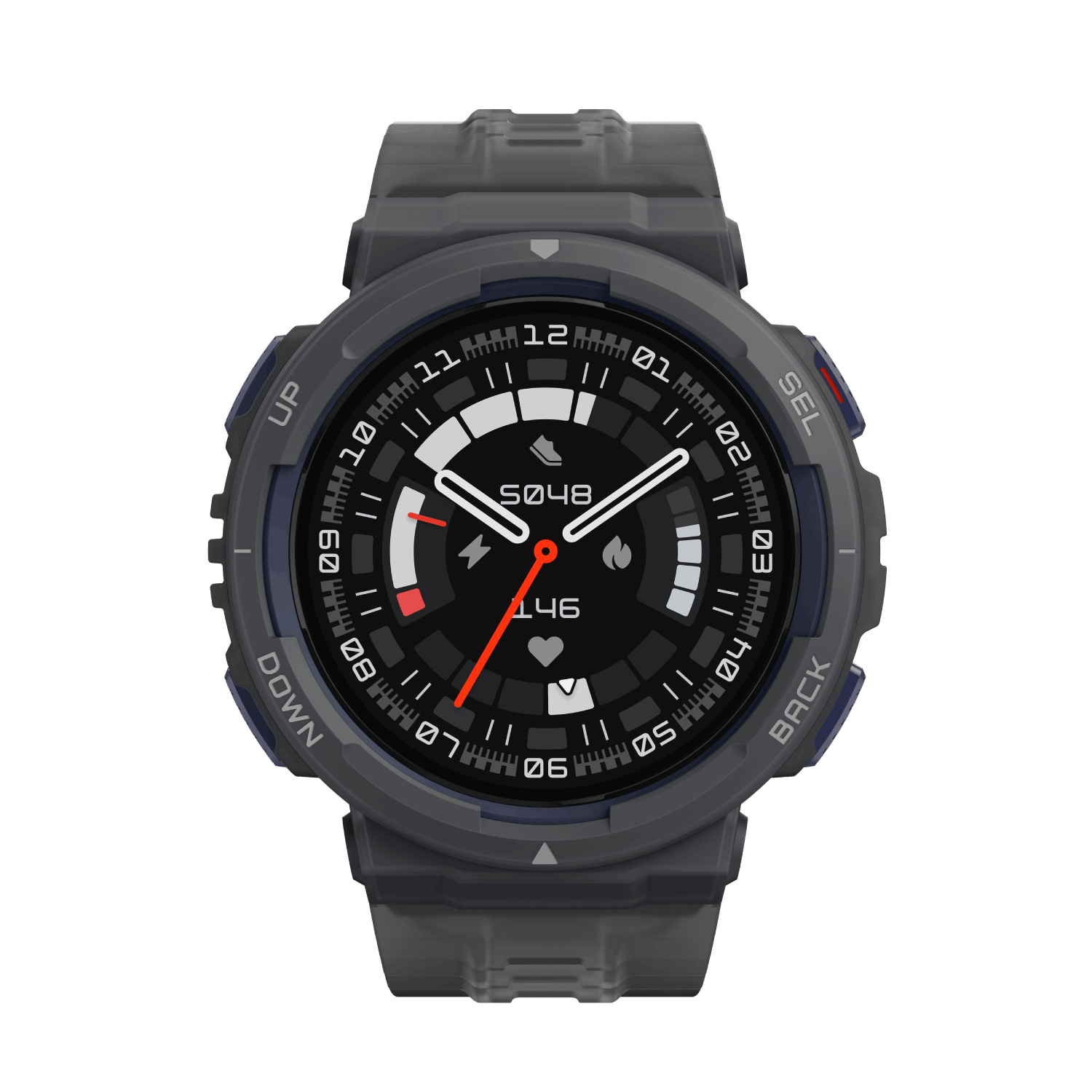 Smartwatch con bisel negro y pantalla con números sobre fondo negro.