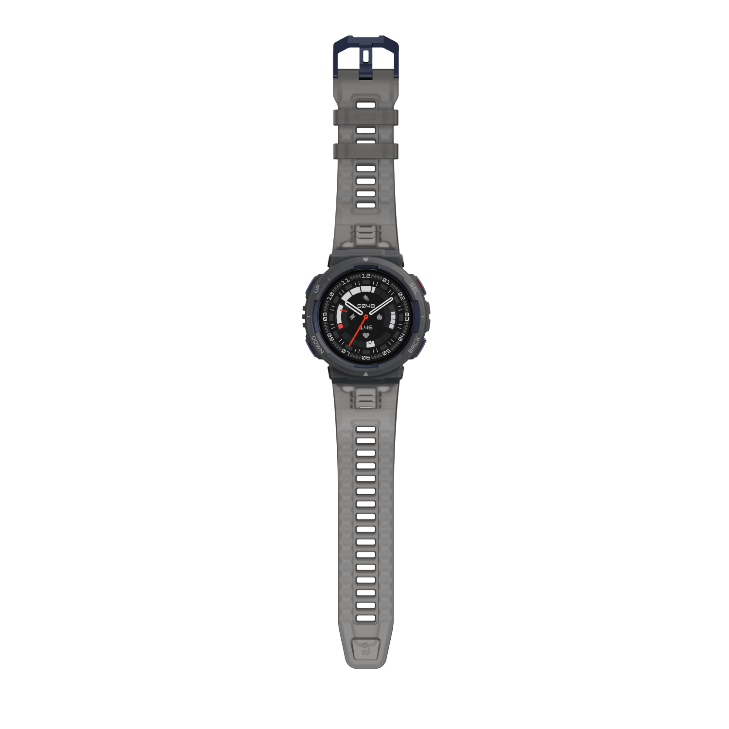 Se muestra un reloj inteligente gris con pantalla negra y correa gris.