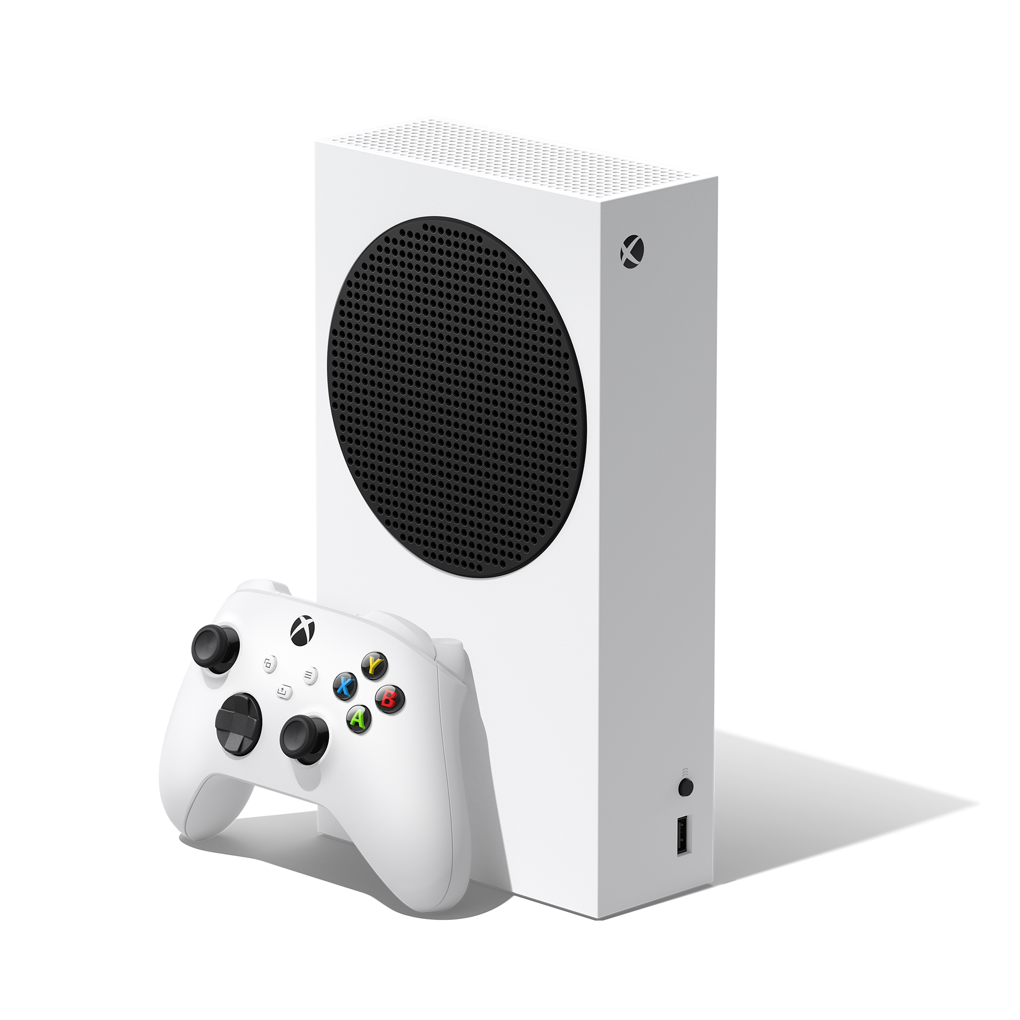 Consola y mando blancos Xbox Series S sobre superficie blanca. El mando tiene botones de colores.