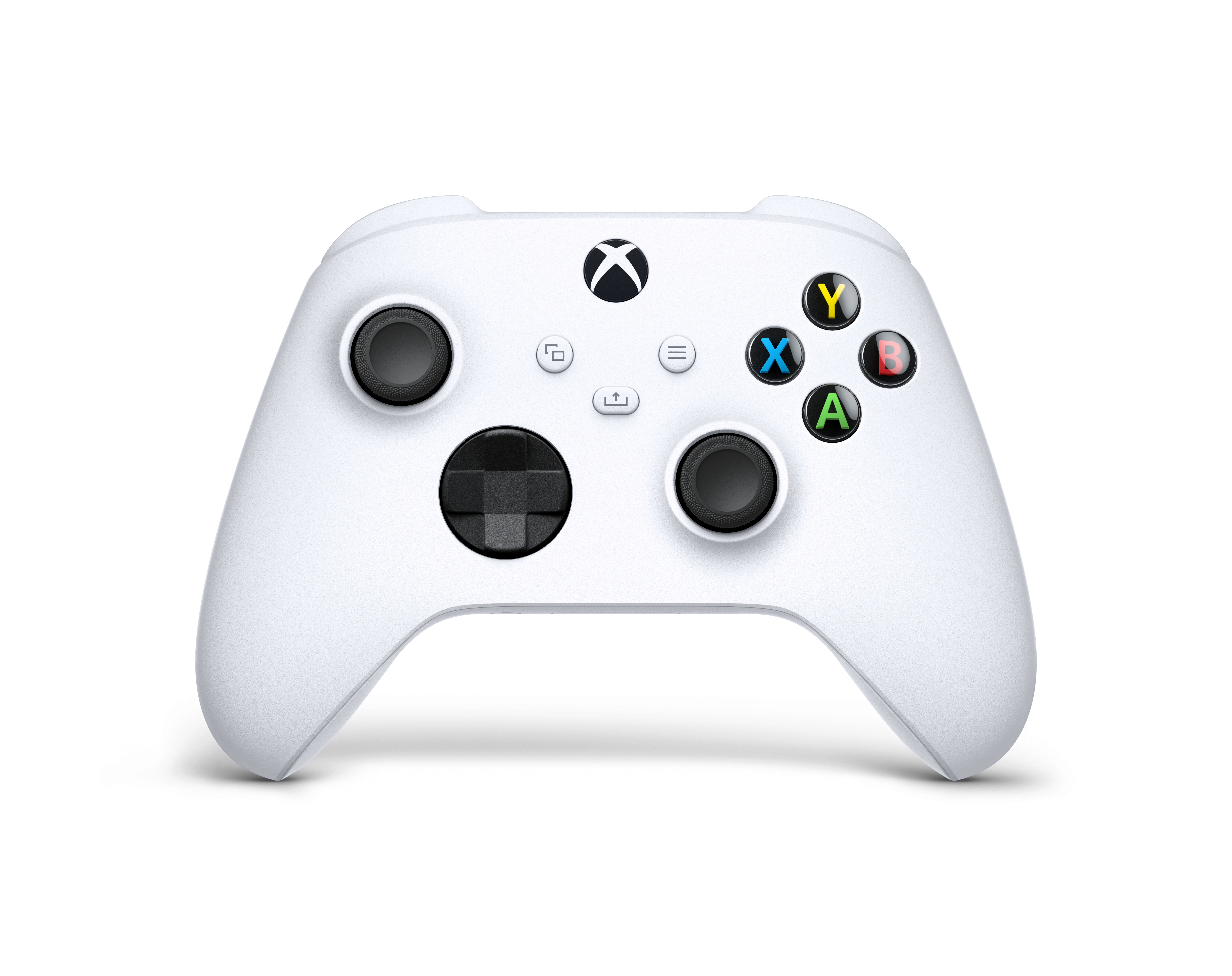 Mando Xbox blanco con botones de colores y joysticks negros sobre fondo blanco.