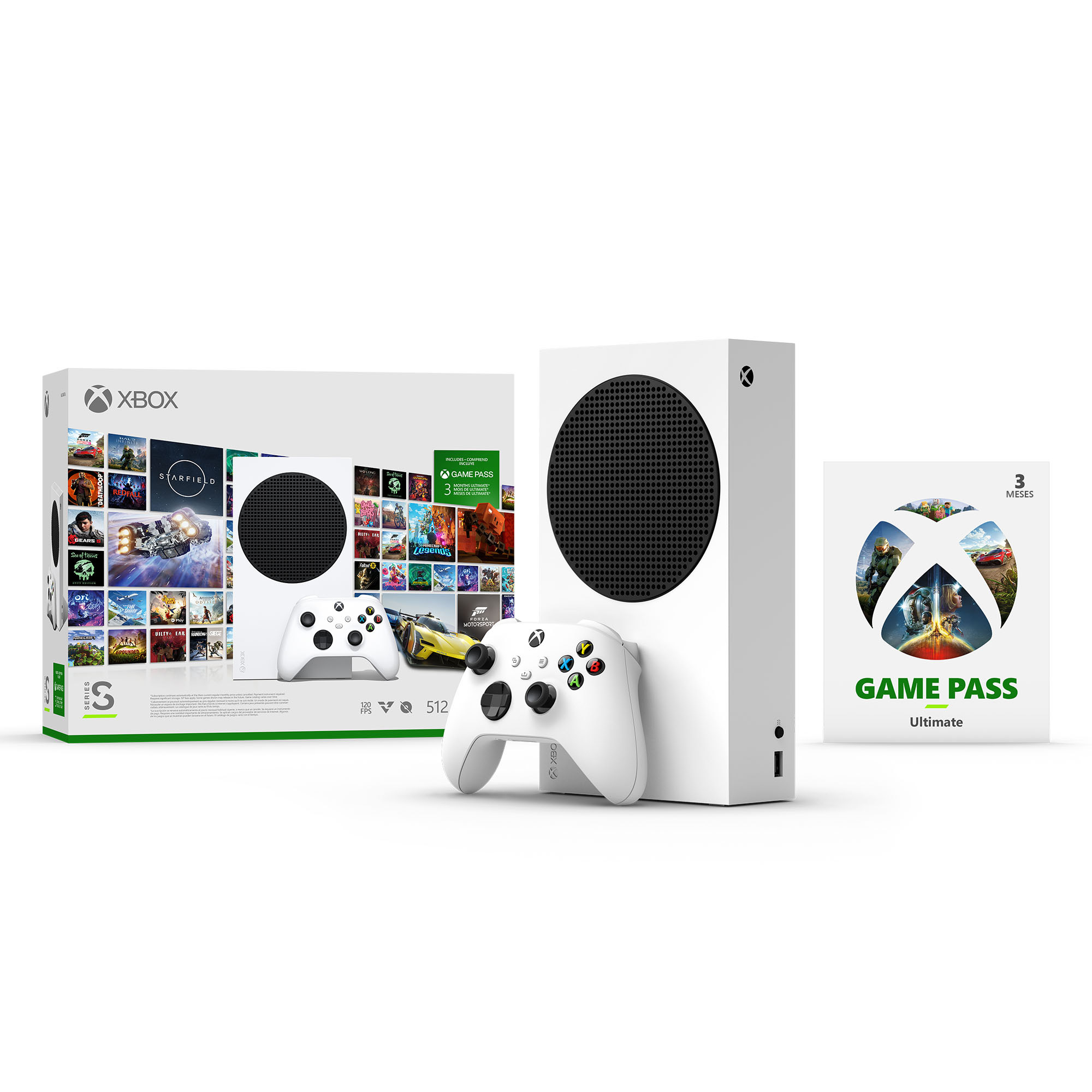 Consola Xbox Series S, dos mandos blancos, una tarjeta Game Pass Ultimate y una caja de juego.