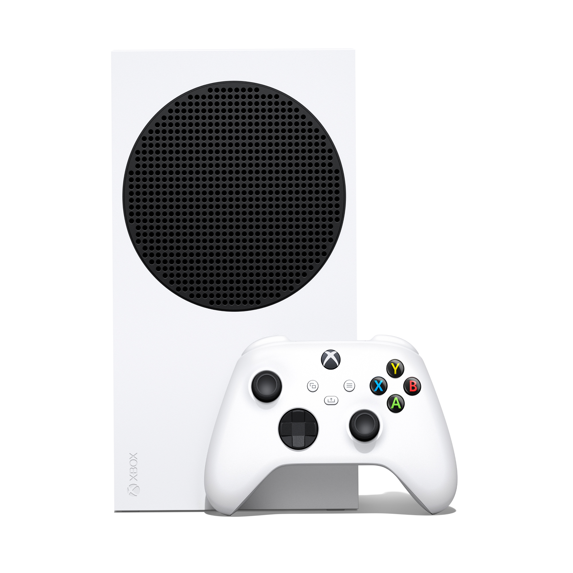 Consola y mando Xbox Series S blancos. La consola es vertical y el mando está a la derecha.