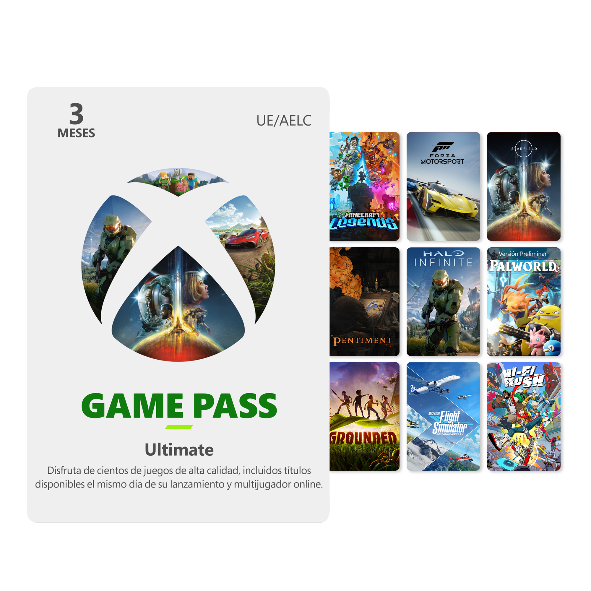 Tarjeta Game Pass Ultimate mostrando portadas de juegos y texto.