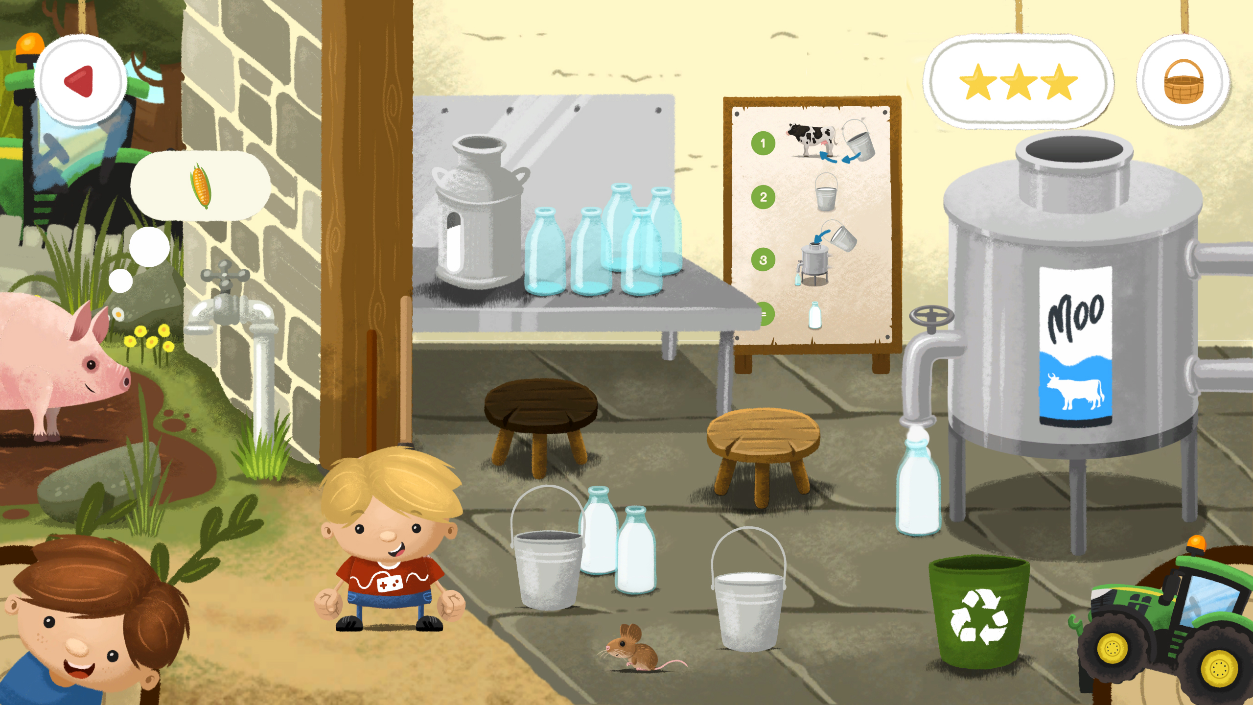 Kreskówka przedstawiająca farmę. Chłopiec i świnia są na pierwszym planie. Przetwarzanie mleka w tle.