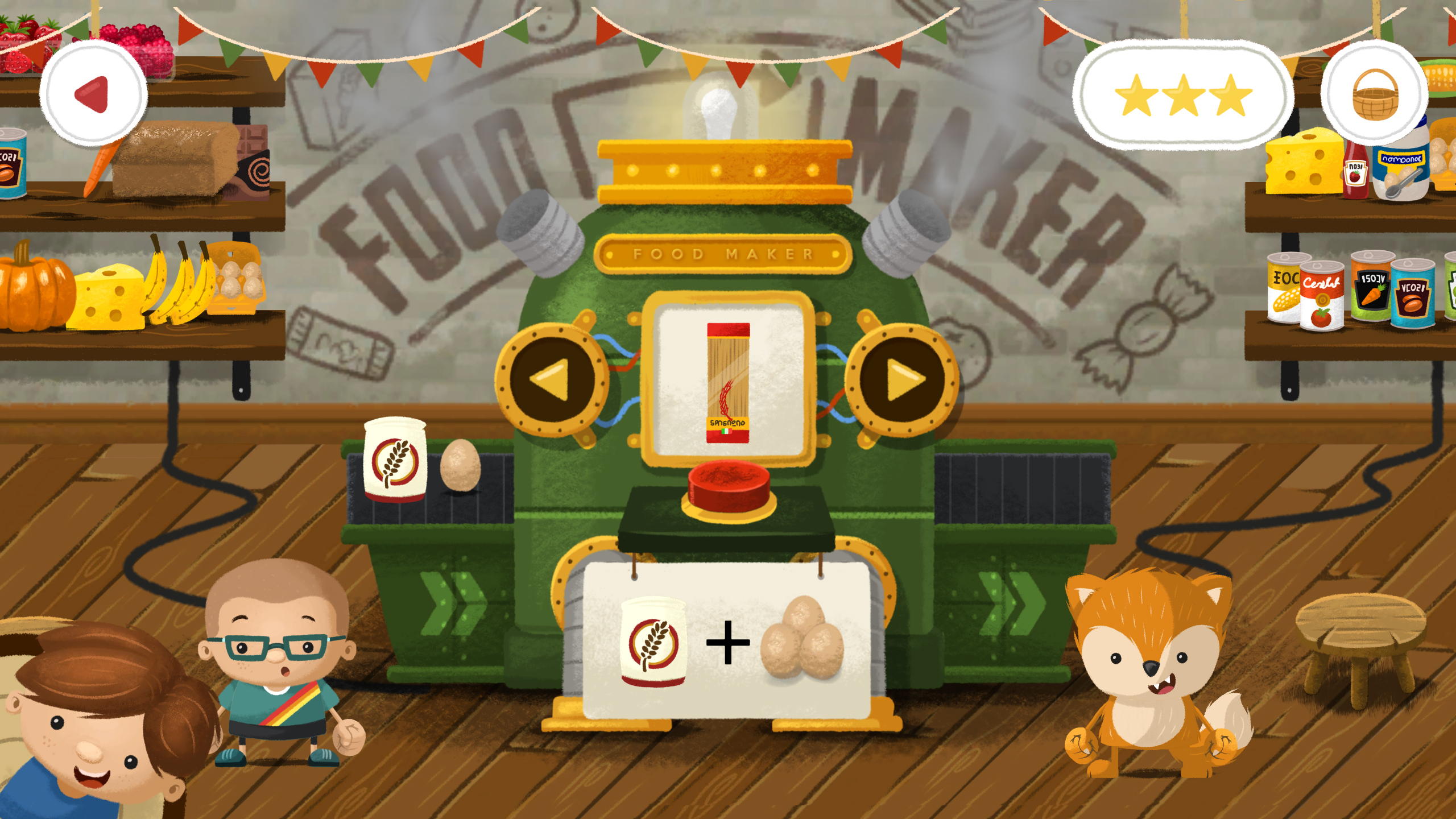 Ekran gry z postaciami z kreskówek. Gra polega na robieniu jedzenia.