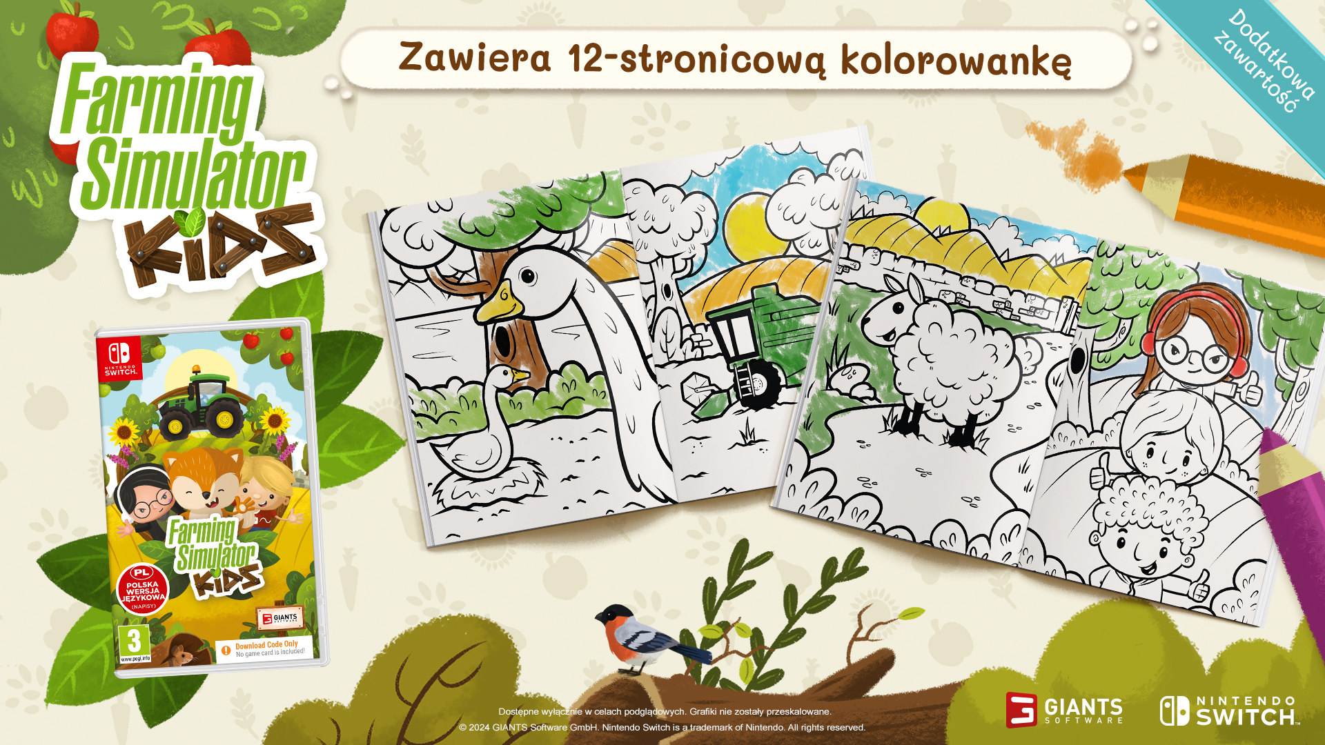 Pudełko z grą i kolorowanki o tematyce rolniczej, kolorowe i zabawne.