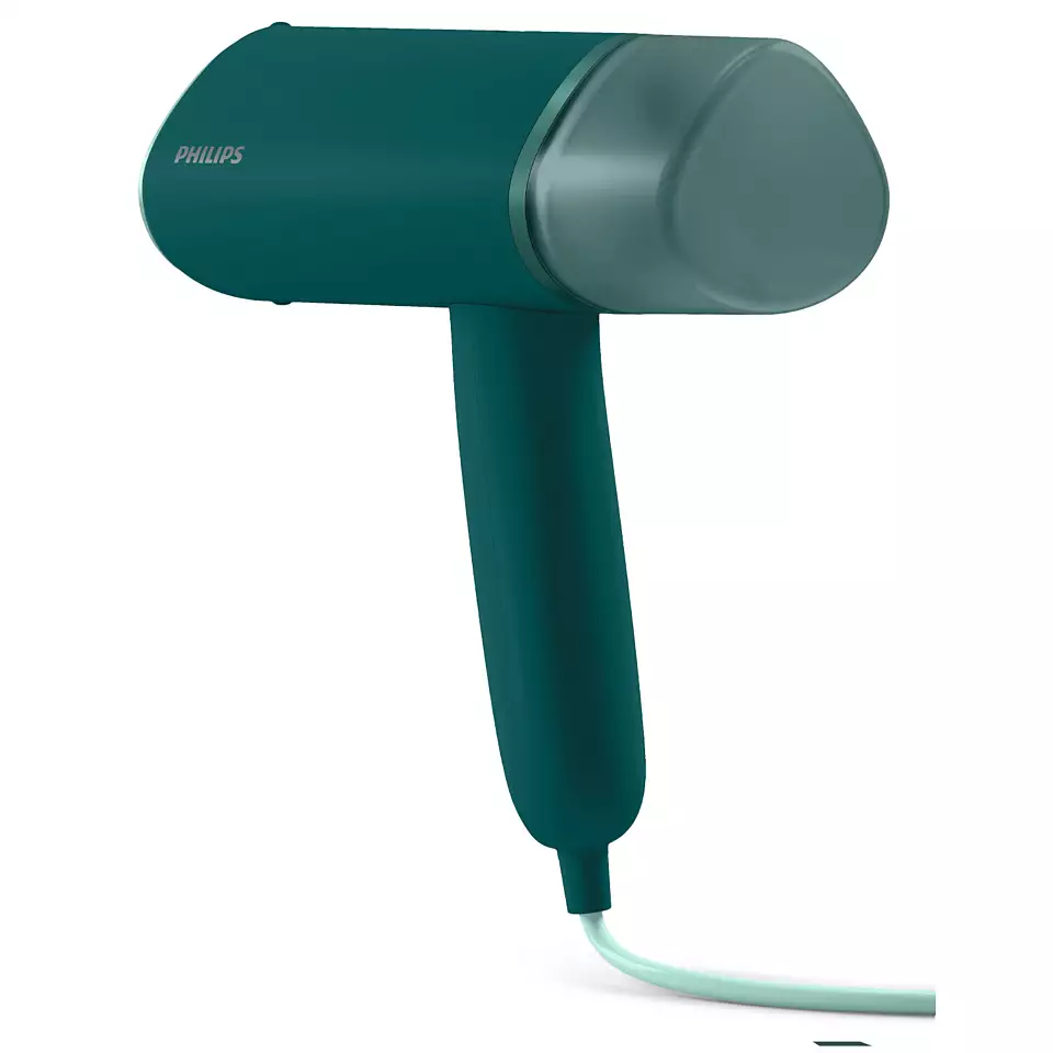 Egy türkizkék Philips kézi szövetgőzölő. Függőlegesen tartják a fogantyújánál. Szürke gőzfeje van.