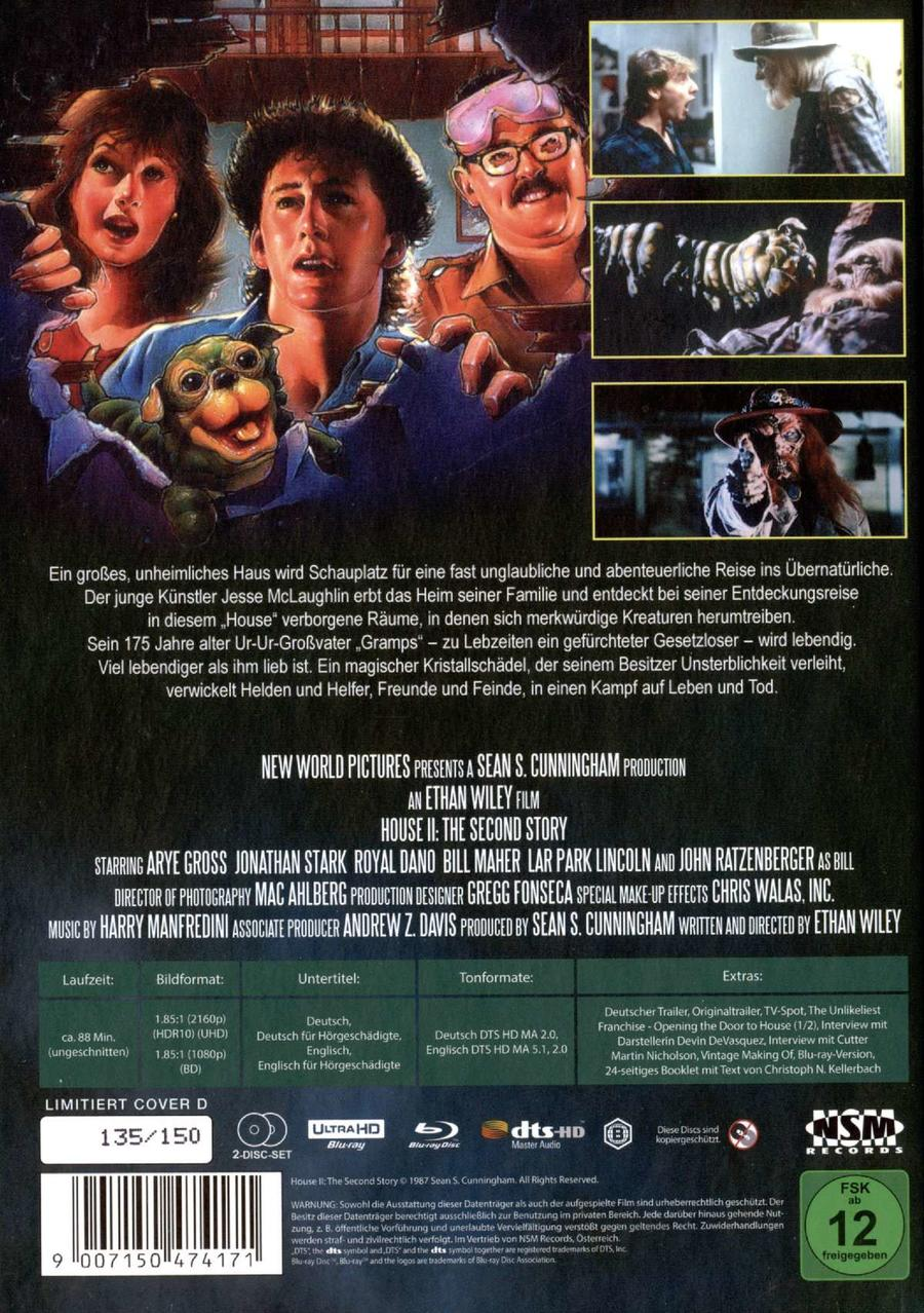 Rückseite der 'House II: The Second Story' DVD, Filmdetails und Artwork.