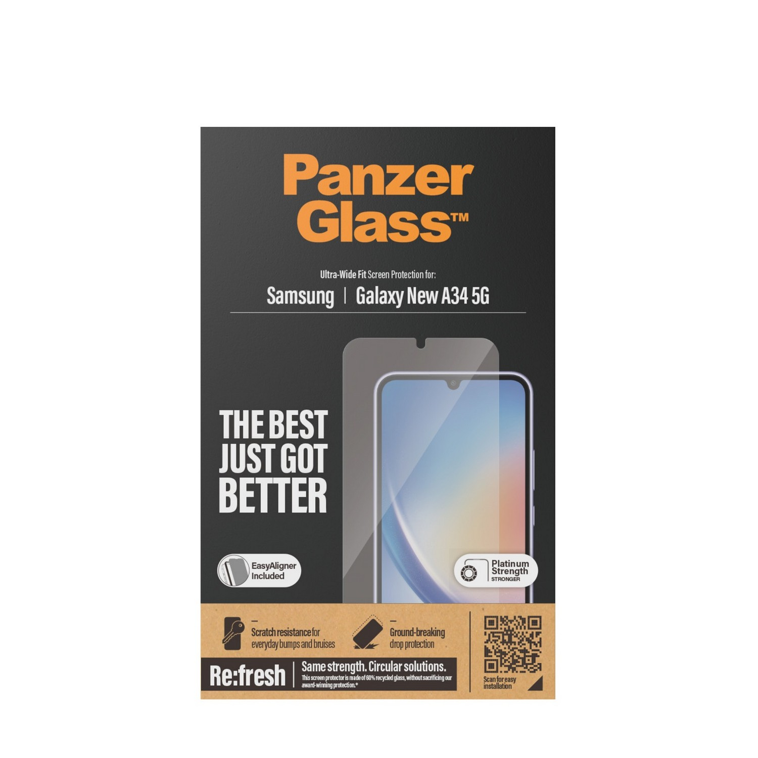 Packaging for a phone screen protector. Text: PanzerGlass. Features and benefits are listed.