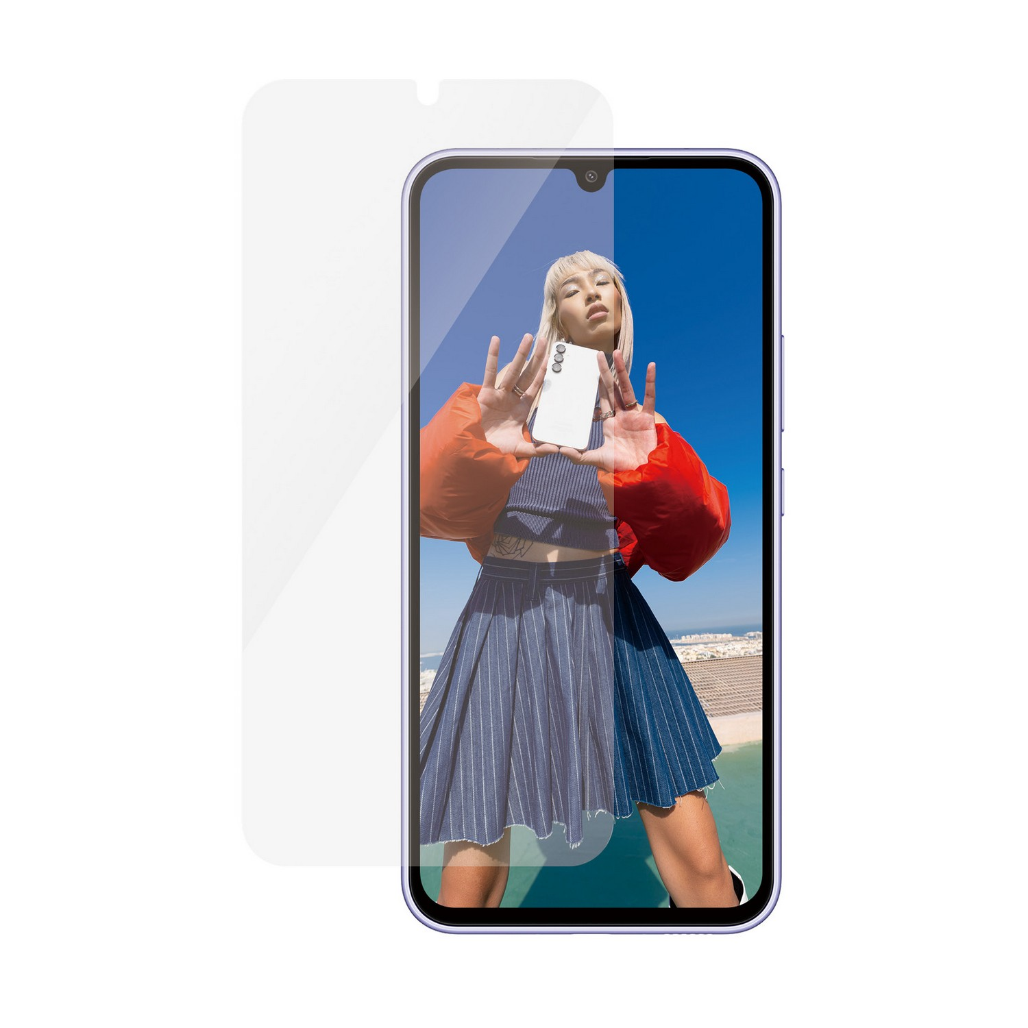 A woman holding a phone, with a screen protector, against a blue sky background.