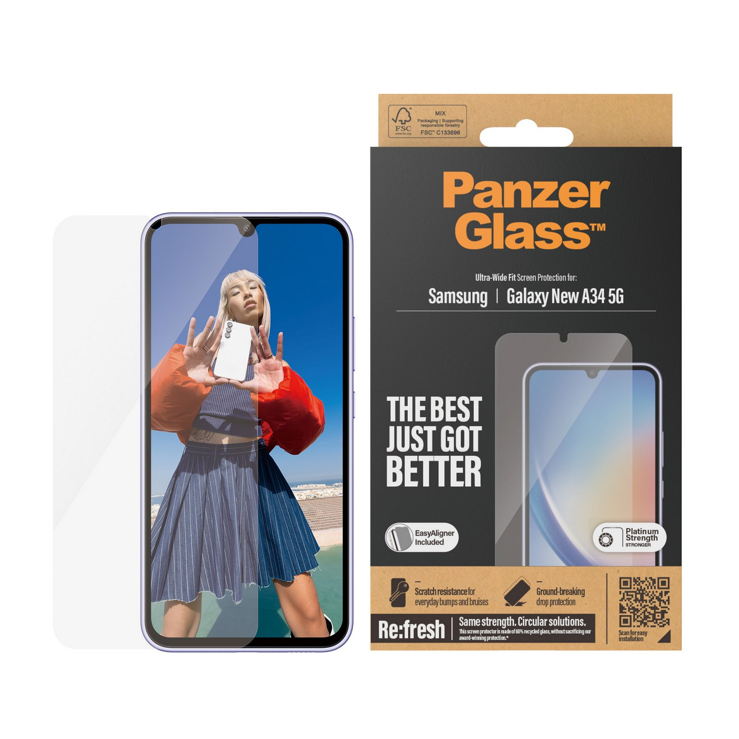 Smartphone screen protector box. A woman is holding the phone with the protector.