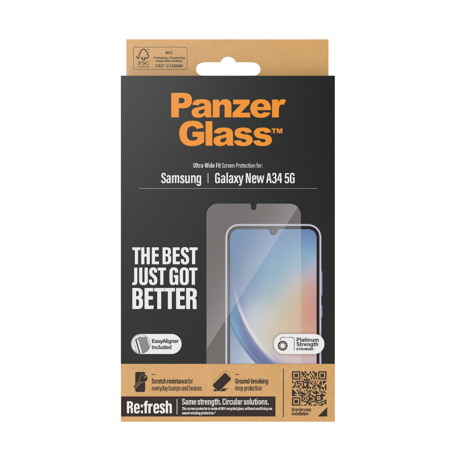 Box for screen protector. Shows phone screen and text: 'THE BEST JUST GOT BETTER'.