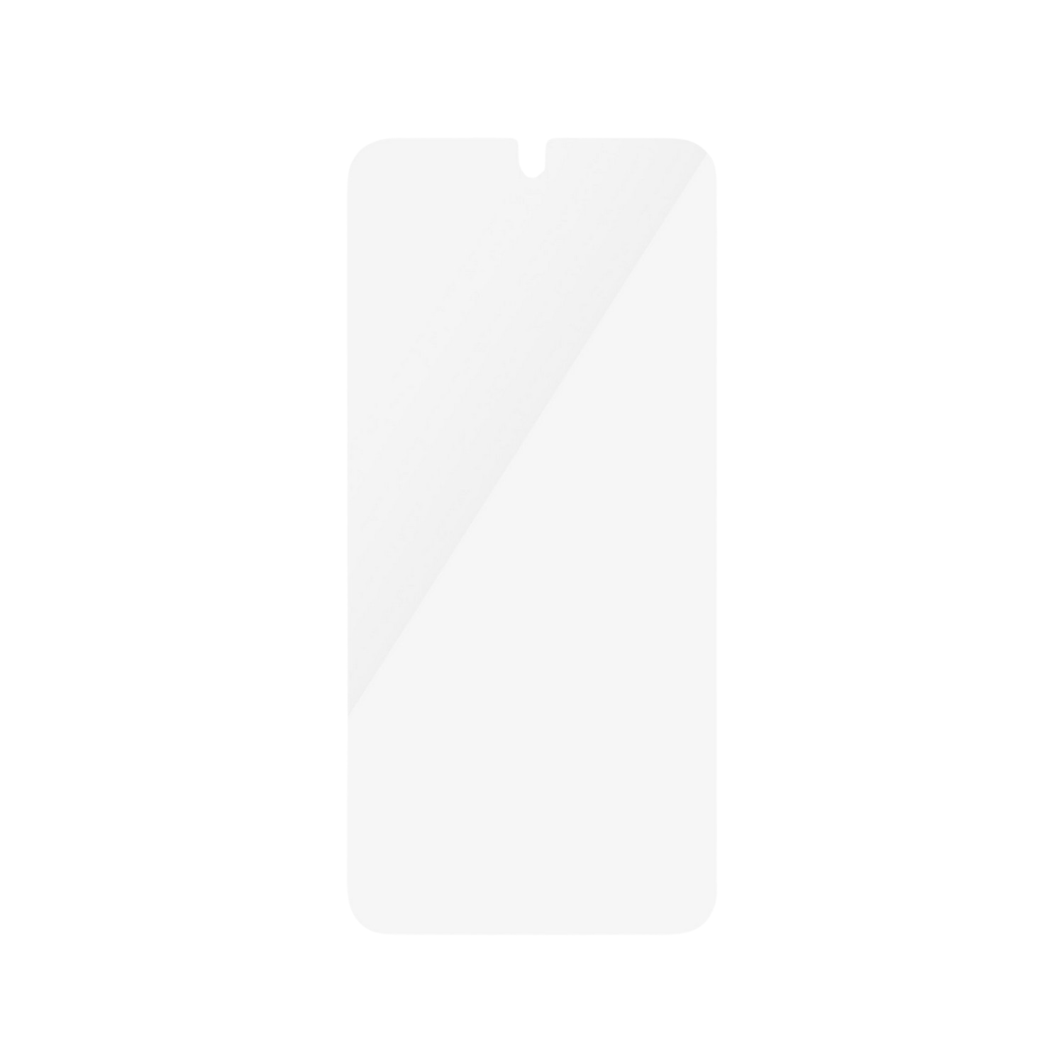 Un protecteur d'écran transparent pour un téléphone. Forme rectangulaire avec une encoche sur le bord supérieur.