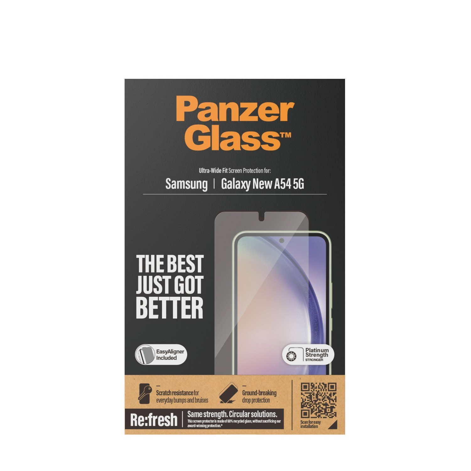 Emballage du protecteur d'écran PanzerGlass. Montre un téléphone et le protecteur.