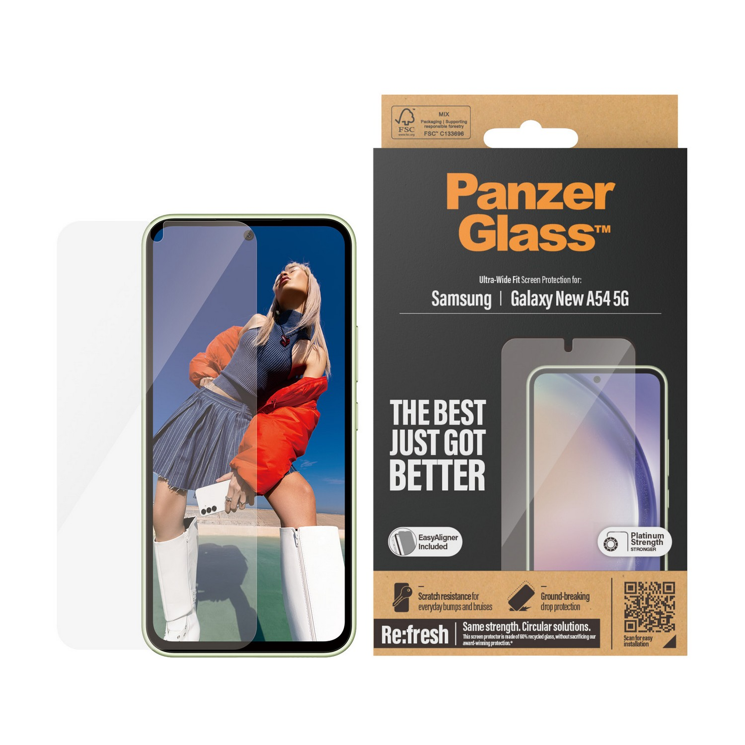 Boîte de protection d'écran de téléphone. La boîte montre une femme sur l'écran du téléphone. Texte : PanzerGlass.