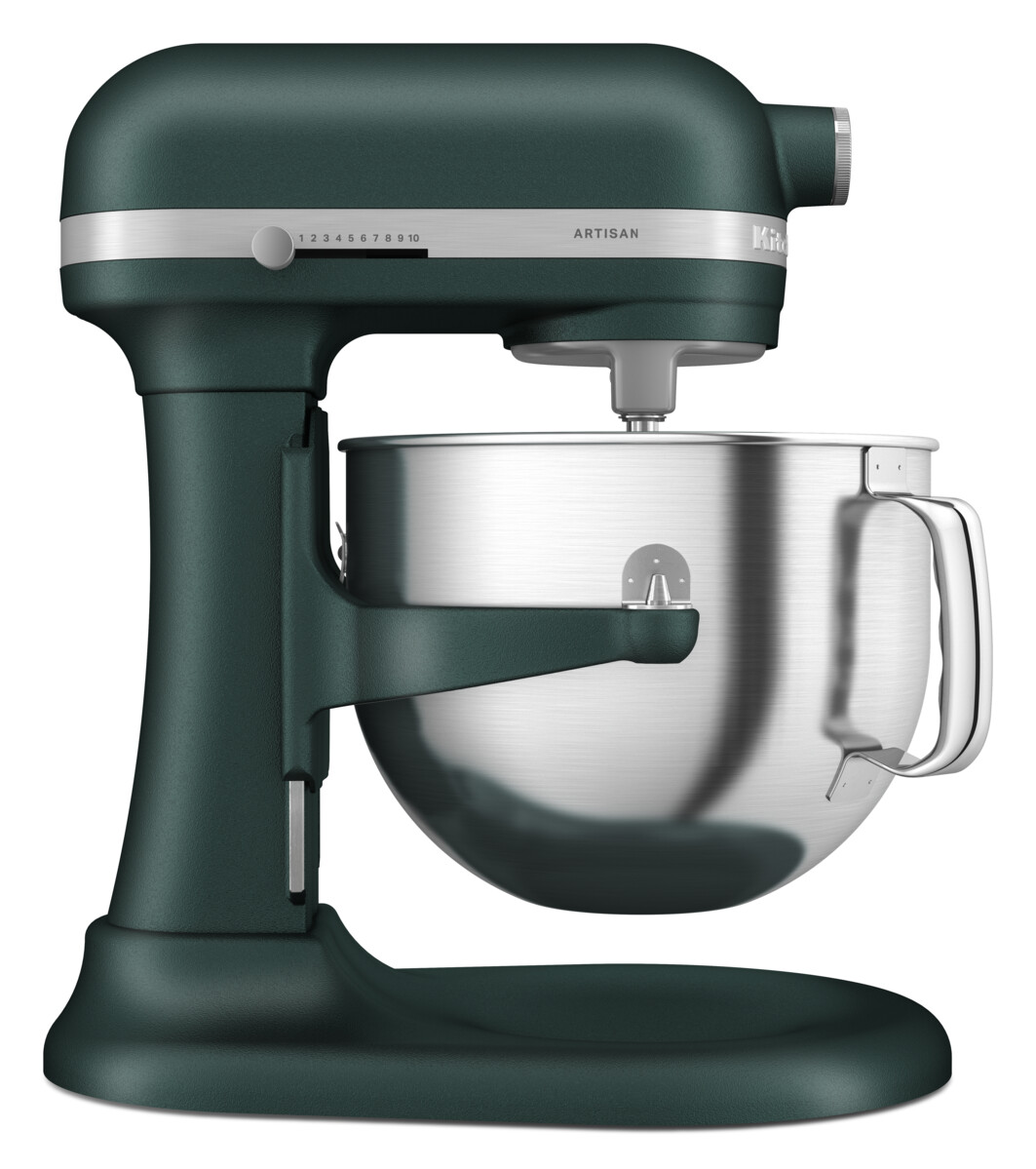 Dunkelgrüner KitchenAid-Küchenmixer mit silberner Schüssel, auf weißem Grund.