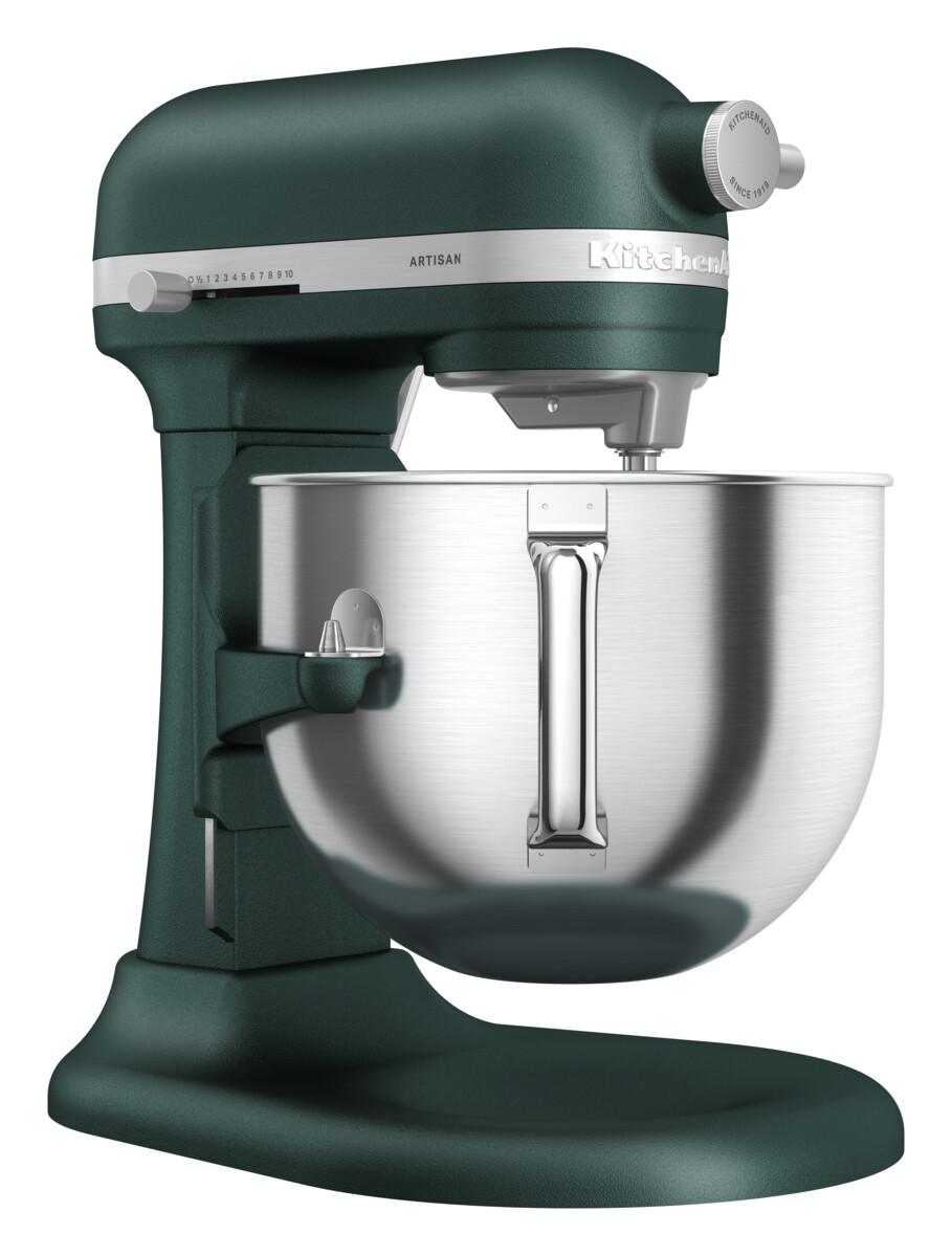 Ein dunkelgrüner KitchenAid-Mixer mit einer Edelstahlschüssel.