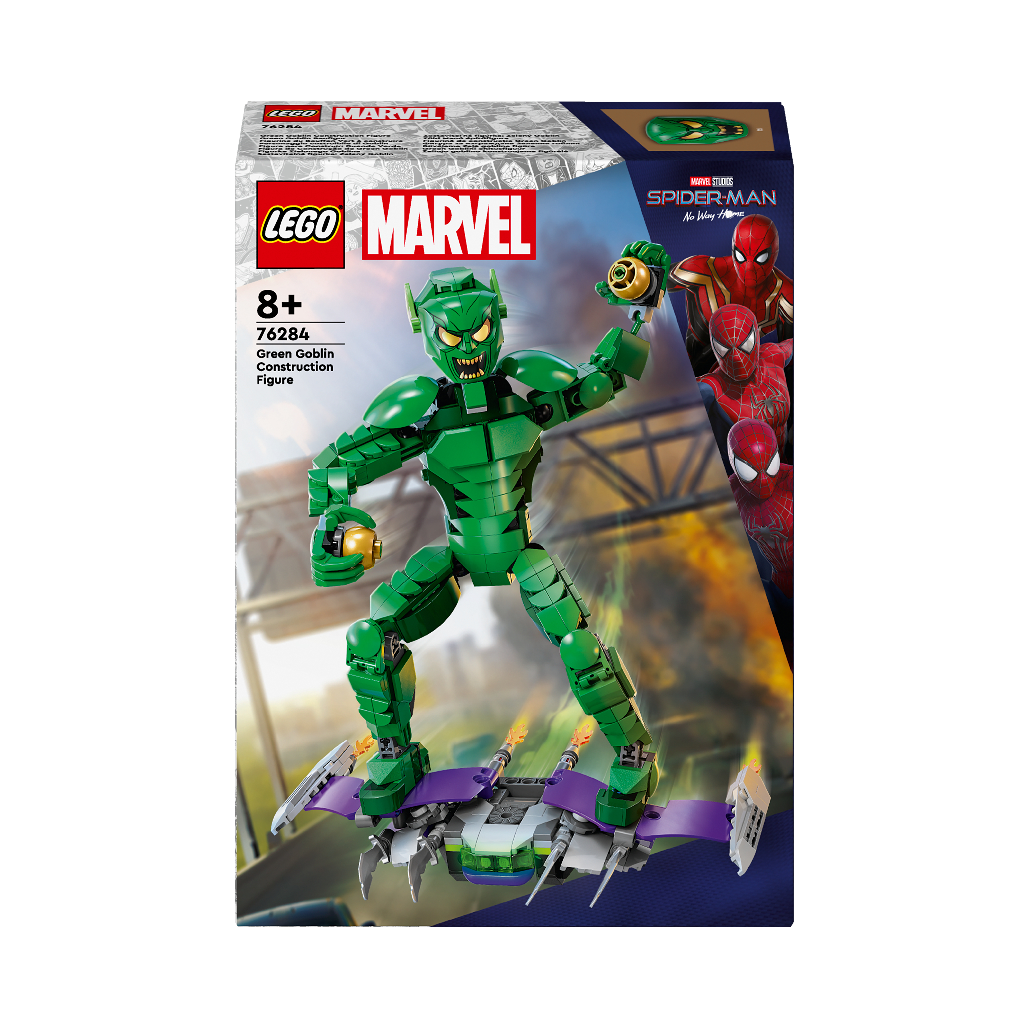 Lego Marvel Green Goblin Bausatzfigur auf einer Box mit Spider-Man-Art.