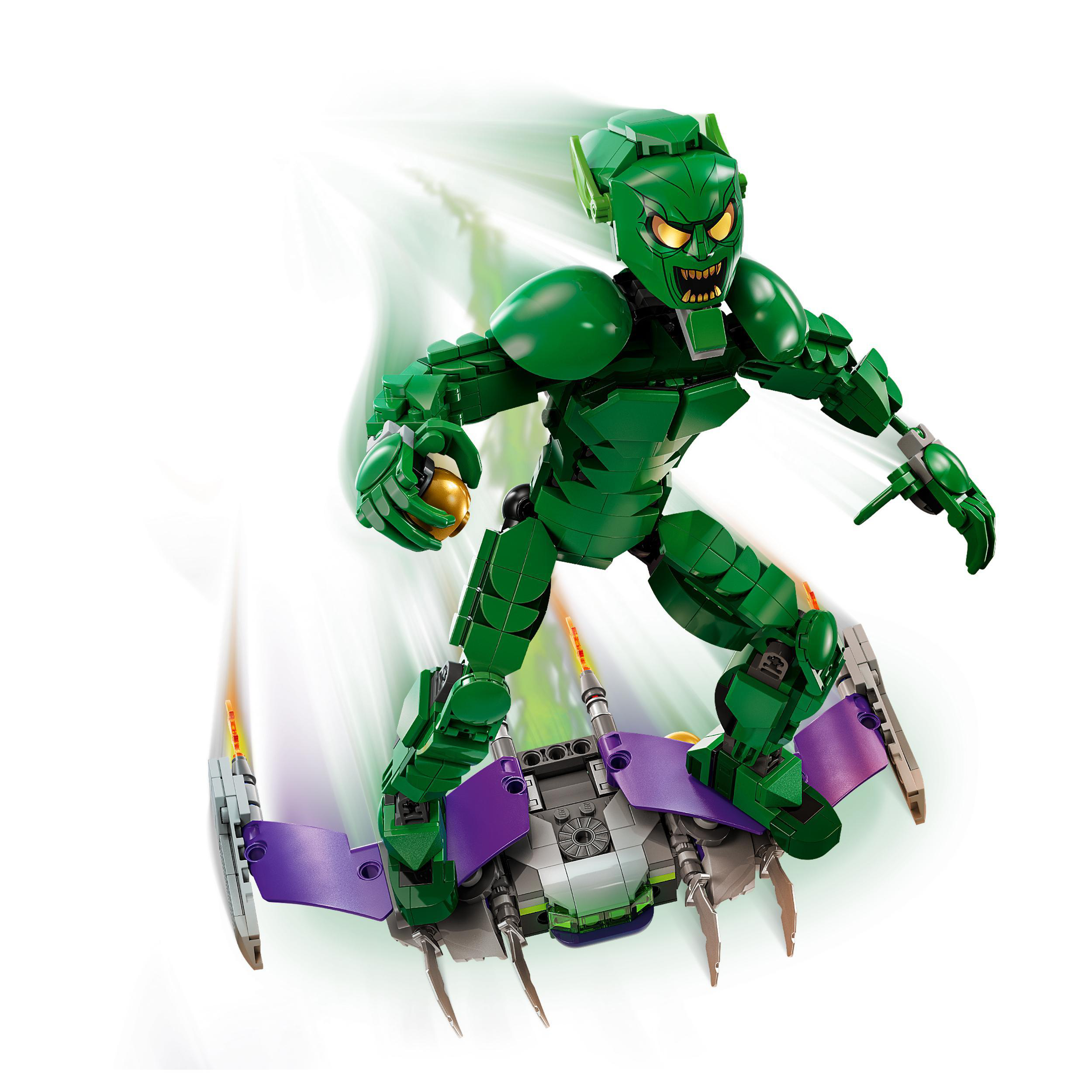 Eine Lego Green Goblin Figur auf einem lila Hoverboard. Die Figur ist grün, mit einem grinsenden Gesicht.