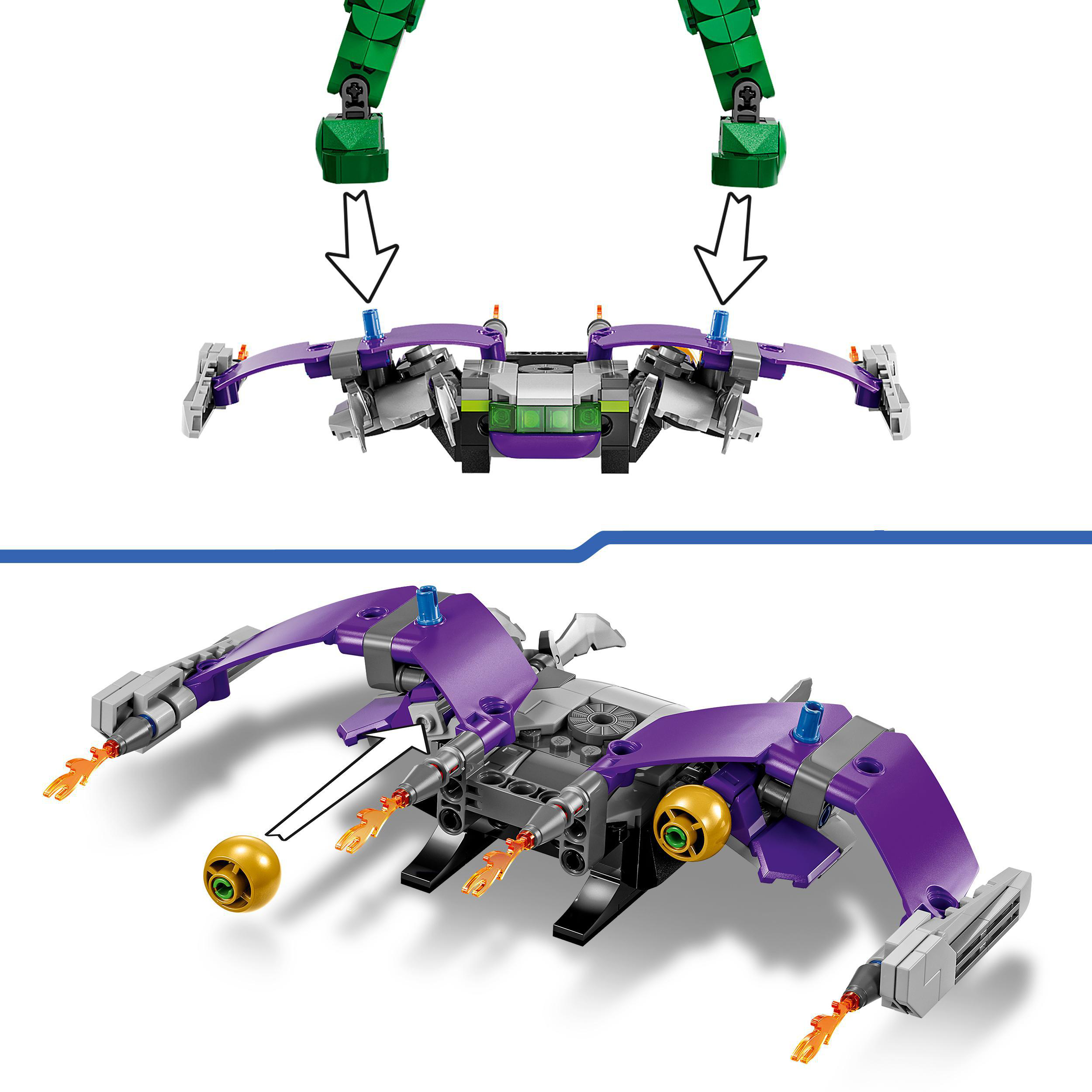 Bild zeigt Schritte zur Montage eines lila, grünen und grauen Lego-Raumschiffs. Das fertige Modell befindet sich unten.