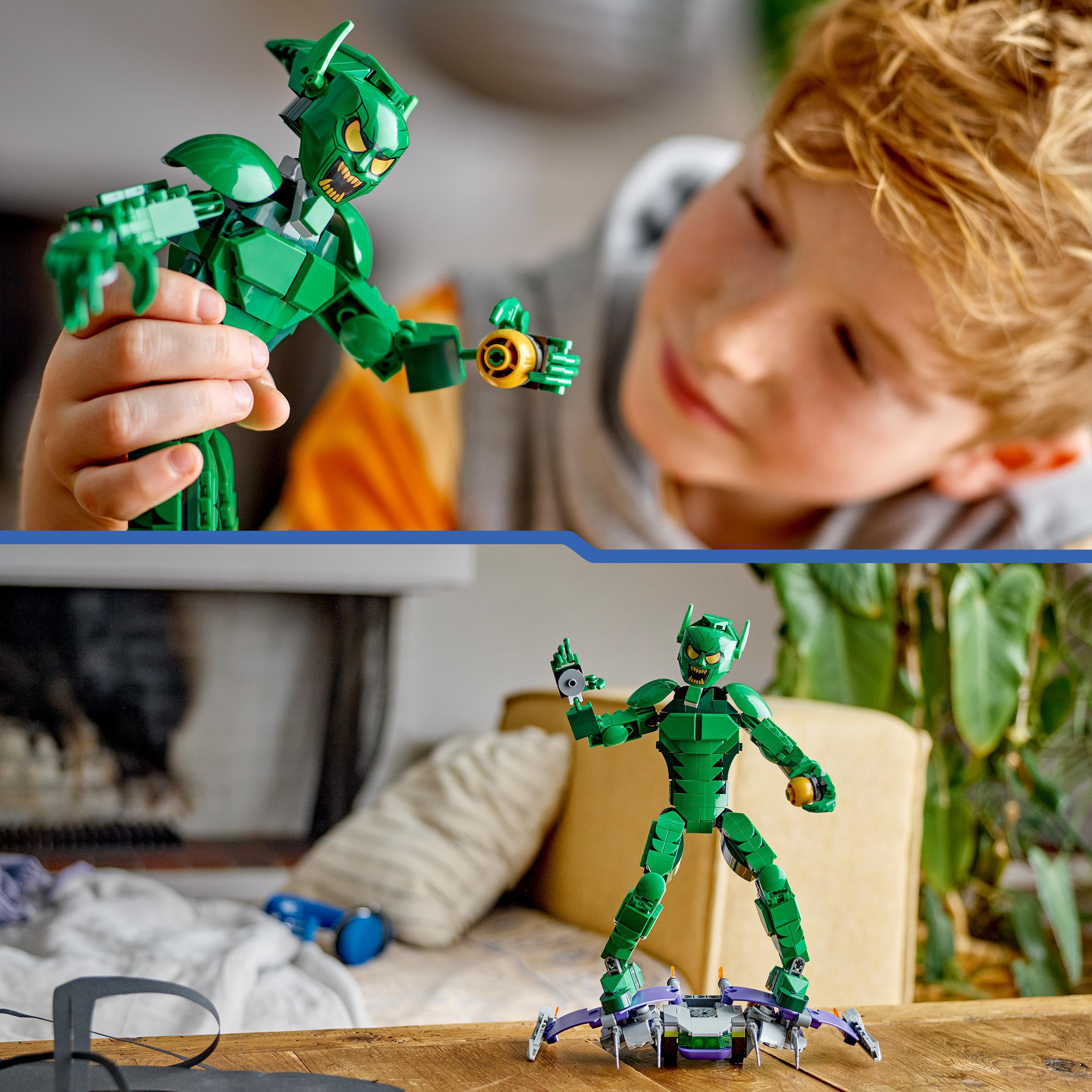 Zwei Bilder eines Lego Green Goblin. Eines zeigt die Figur in Aktion, das andere ist eine Nahaufnahme der Figur.