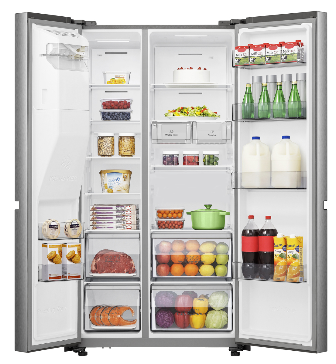 Offener Kühlschrank gefüllt mit Essen und Getränken.