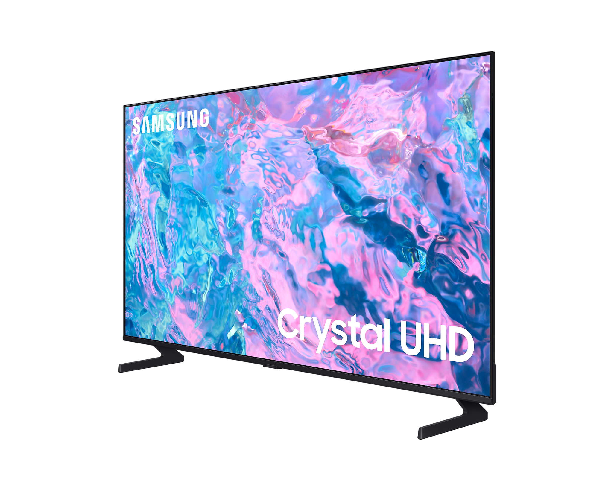 Samsung Crystal UHD TV mit schwarzem Ständer. Der Bildschirm zeigt einen pinken Hintergrund.