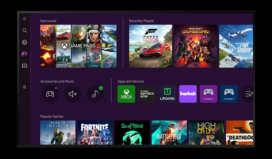 TV-Bildschirm mit einer Benutzeroberfläche mit Spieloptionen, Apps und dem Xbox-Logo.
