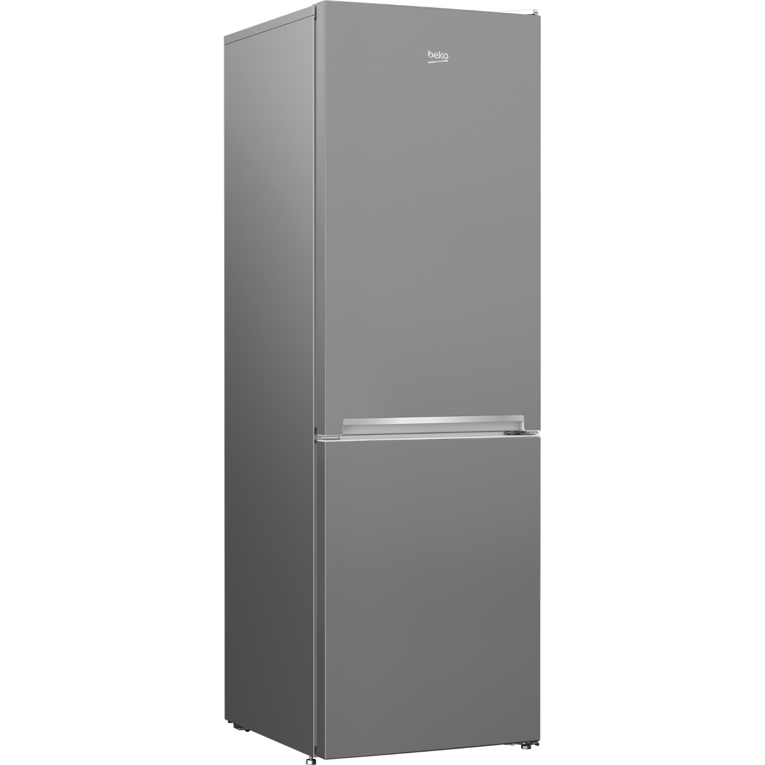 Grey Beko refrigerator, standing on a black surface, with a black background.