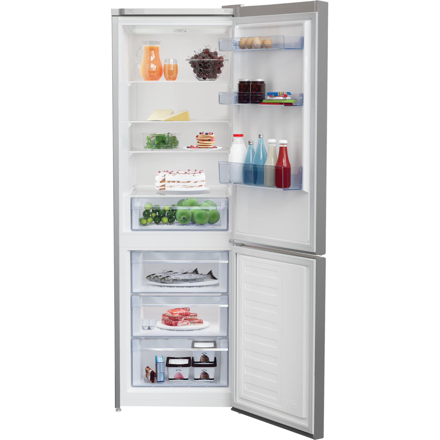 Open refrigerator filled with food. Fruits, drinks, and vegetables are visible.