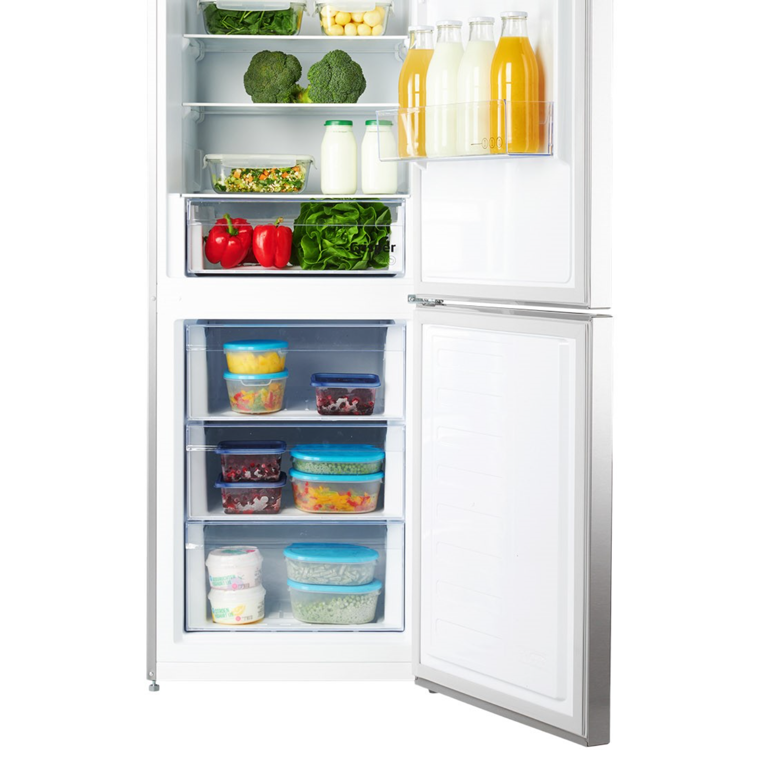 Opened fridge showing food items in containers and drawers. Vegetables, fruits, and bottles are visible.