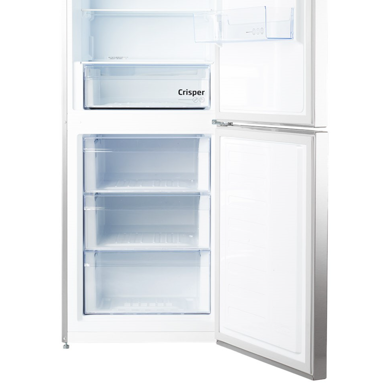 White refrigerator with open door, revealing shelves and drawers.