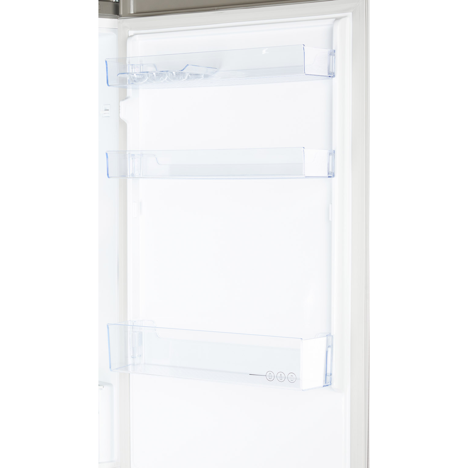 Refrigerator interior with clear shelves, housing bottles and food items.