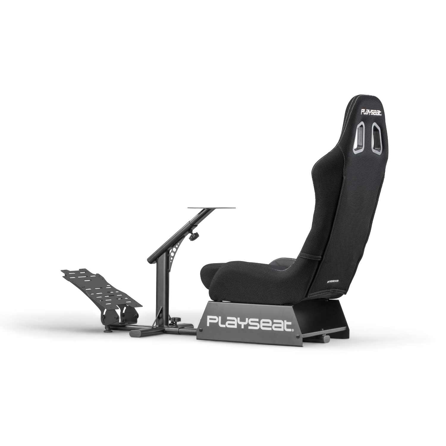 Black racing chair with a stand for a steering wheel and pedals. White background.