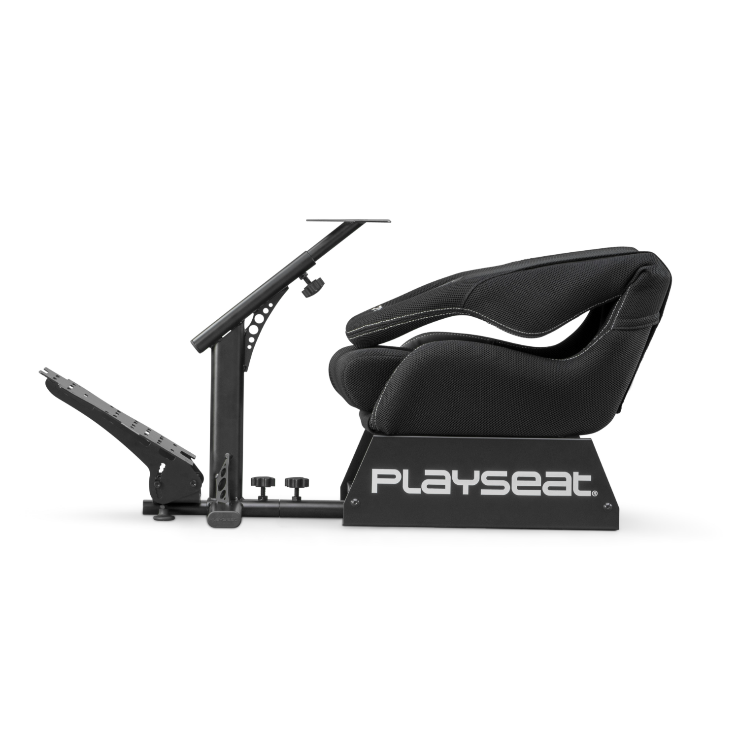 Black gaming chair with a frame and pedals, isolated on white background.