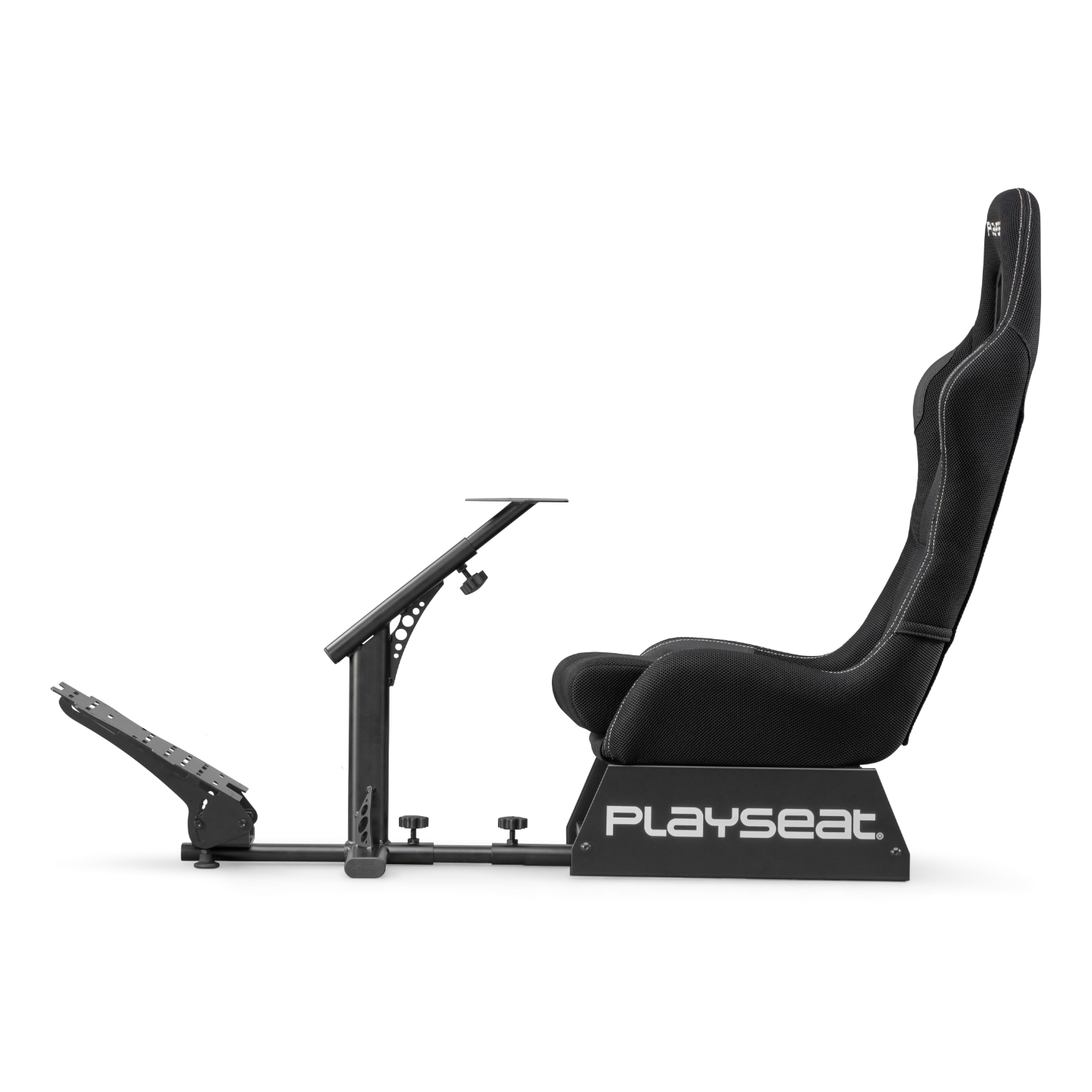 Black Playseat gaming chair with pedals and a stand, on a white background.