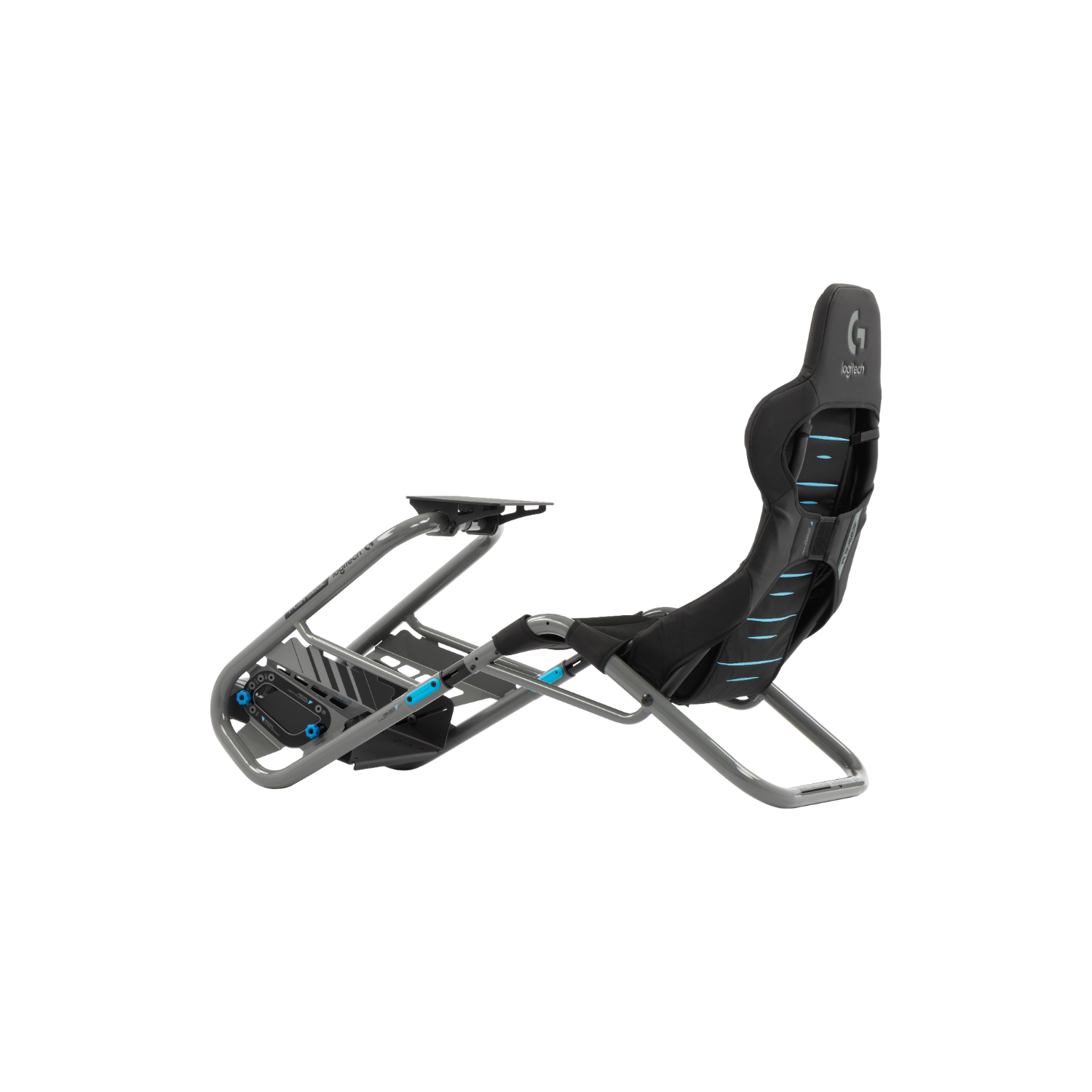 Black gaming chair. It is made of metal and black fabric with blue accents, on a white background.