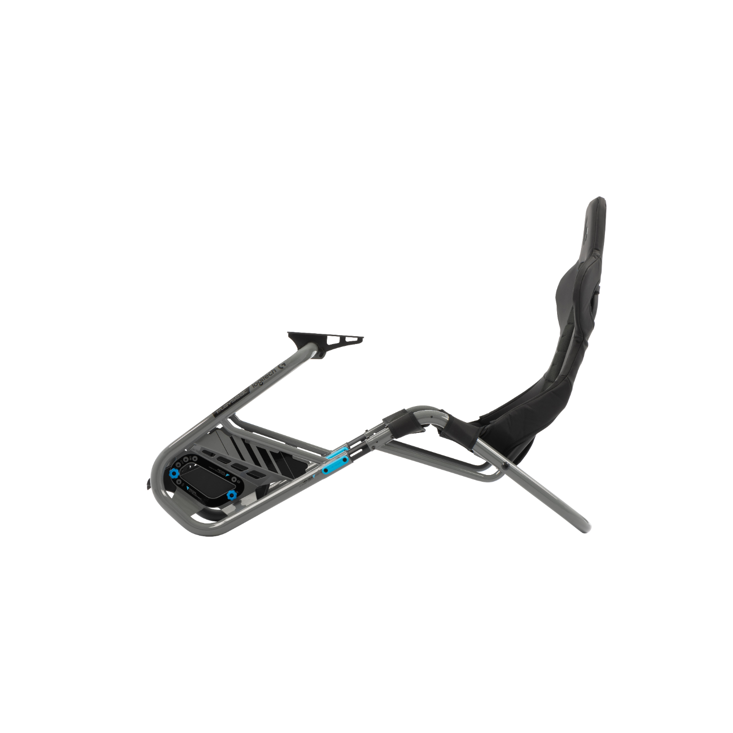 Gaming chair frame. The chair is black with a light blue base on a white background.