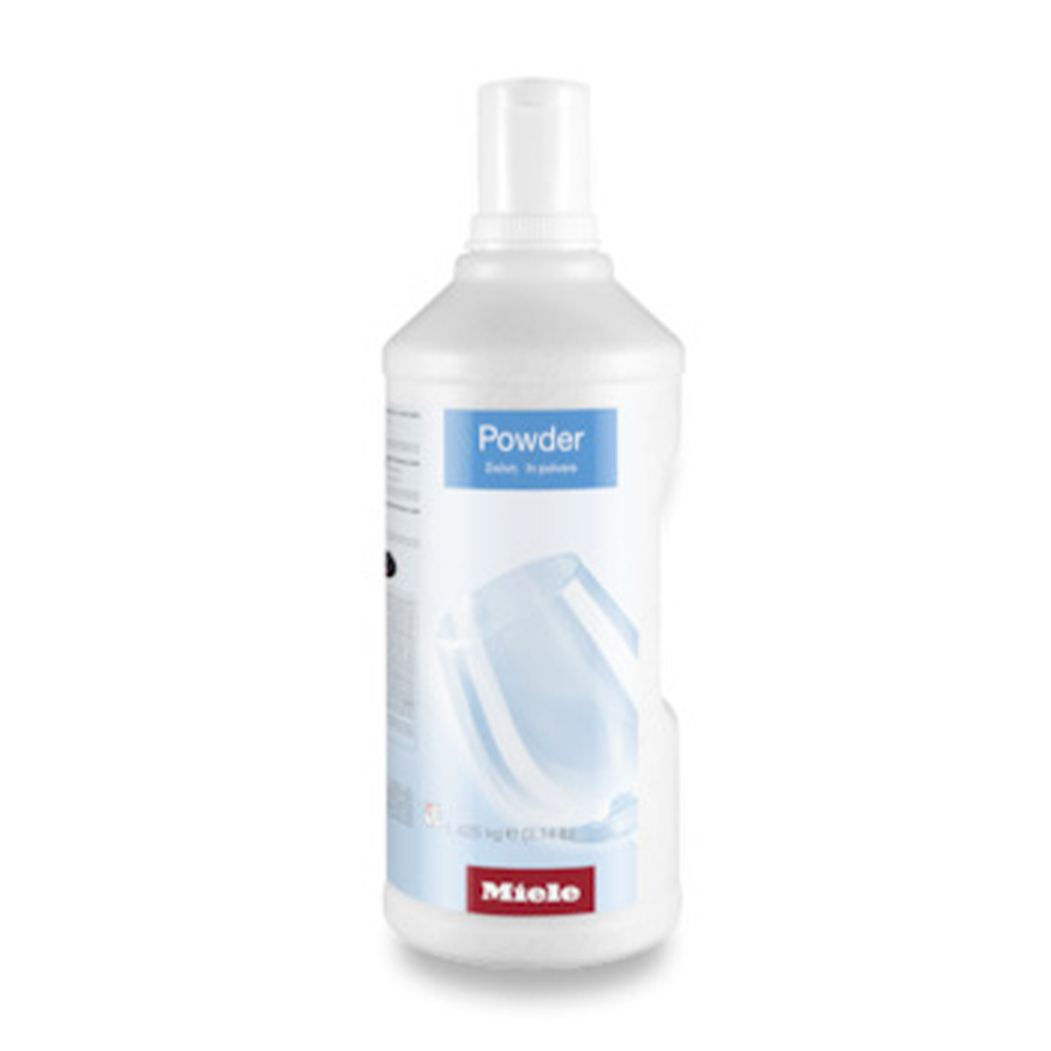 Una bottiglia bianca di detersivo in polvere Miele con un'etichetta e il logo Miele.