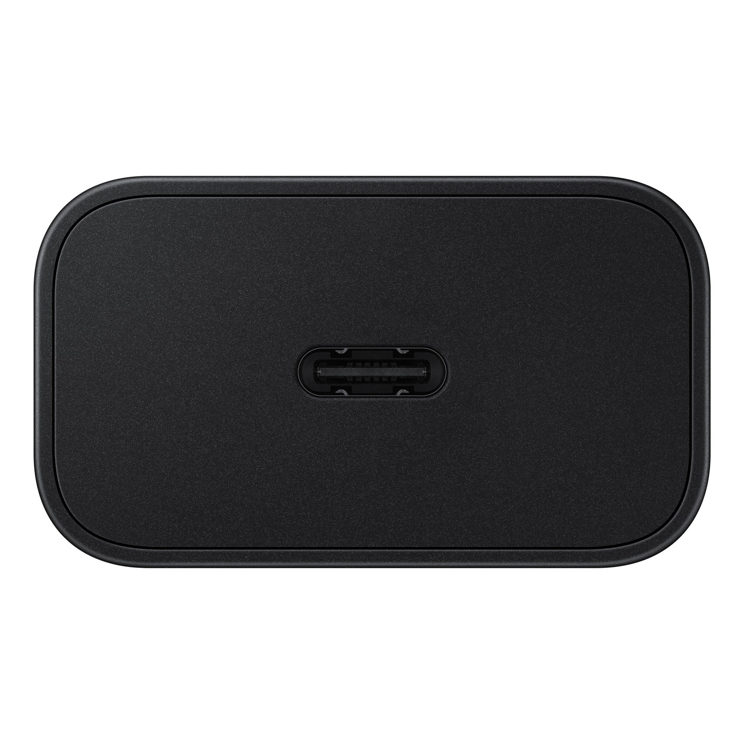 A black Samsung USB-C charger, rectangular shape.