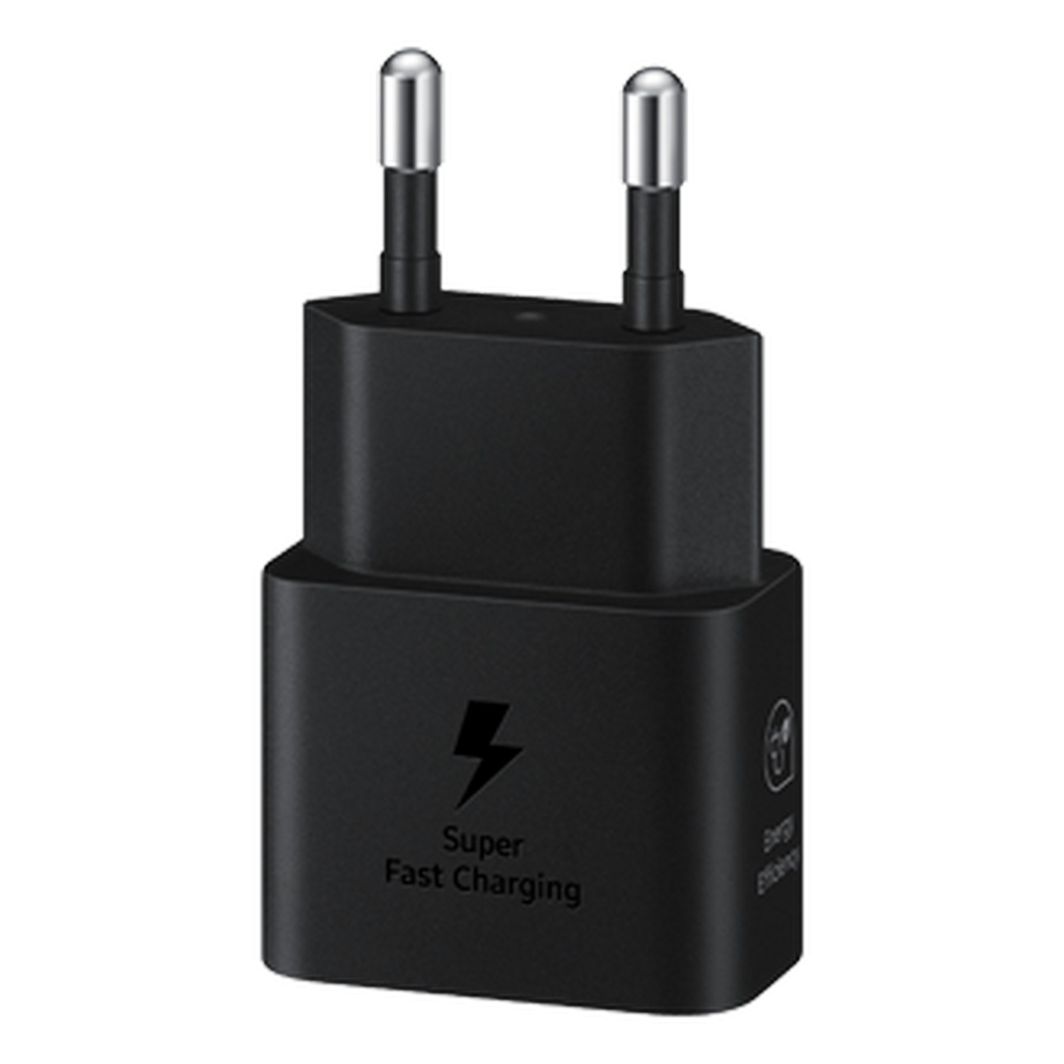 Black super fast charging adapter with two prongs. The adapter has a lightning bolt and the words "Super Fast Charging".