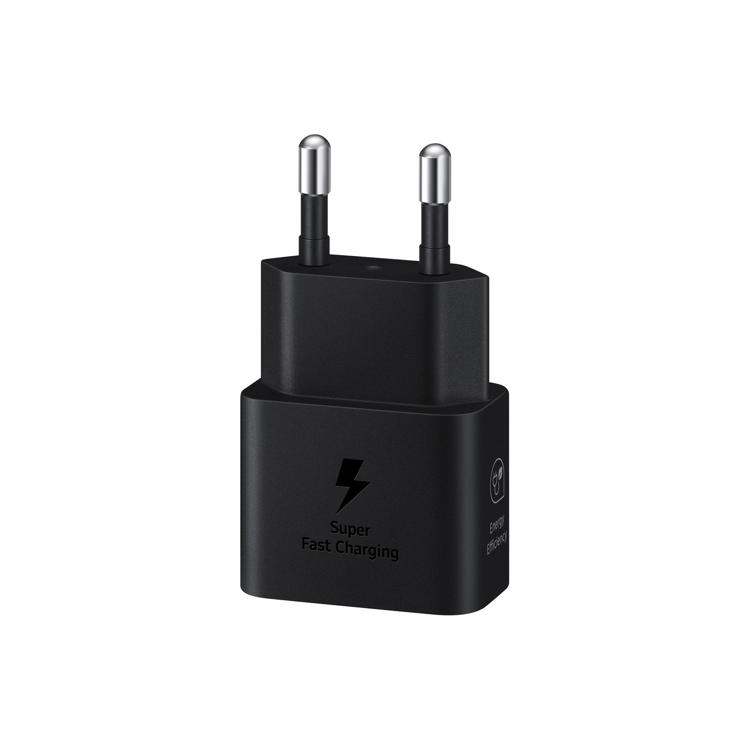 Black Samsung charger with Super Fast Charging text and a lightning bolt symbol.
